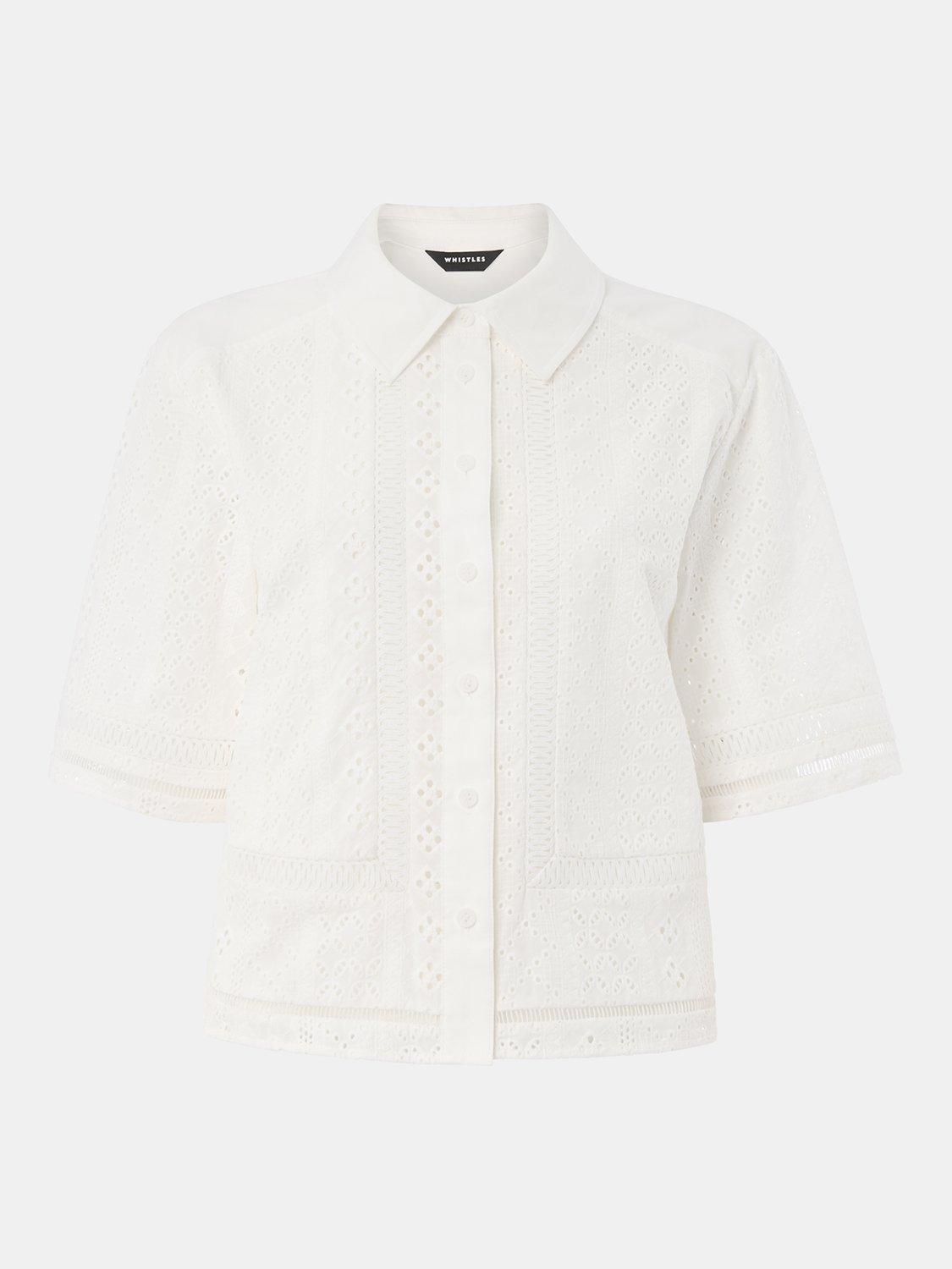 Product image 6 of 6, which shows Whistles Cropped Broderie Cotton Shirt, White, 6