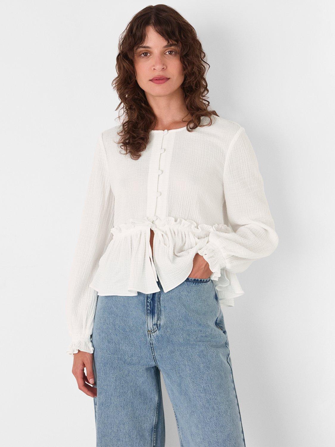 Product image 1 of 6, which shows Whistles Frill Peplum Hem Top, White, 6