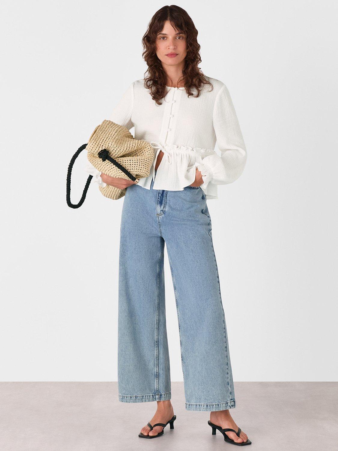 Product image 3 of 6, which shows Whistles Frill Peplum Hem Top, White, 6