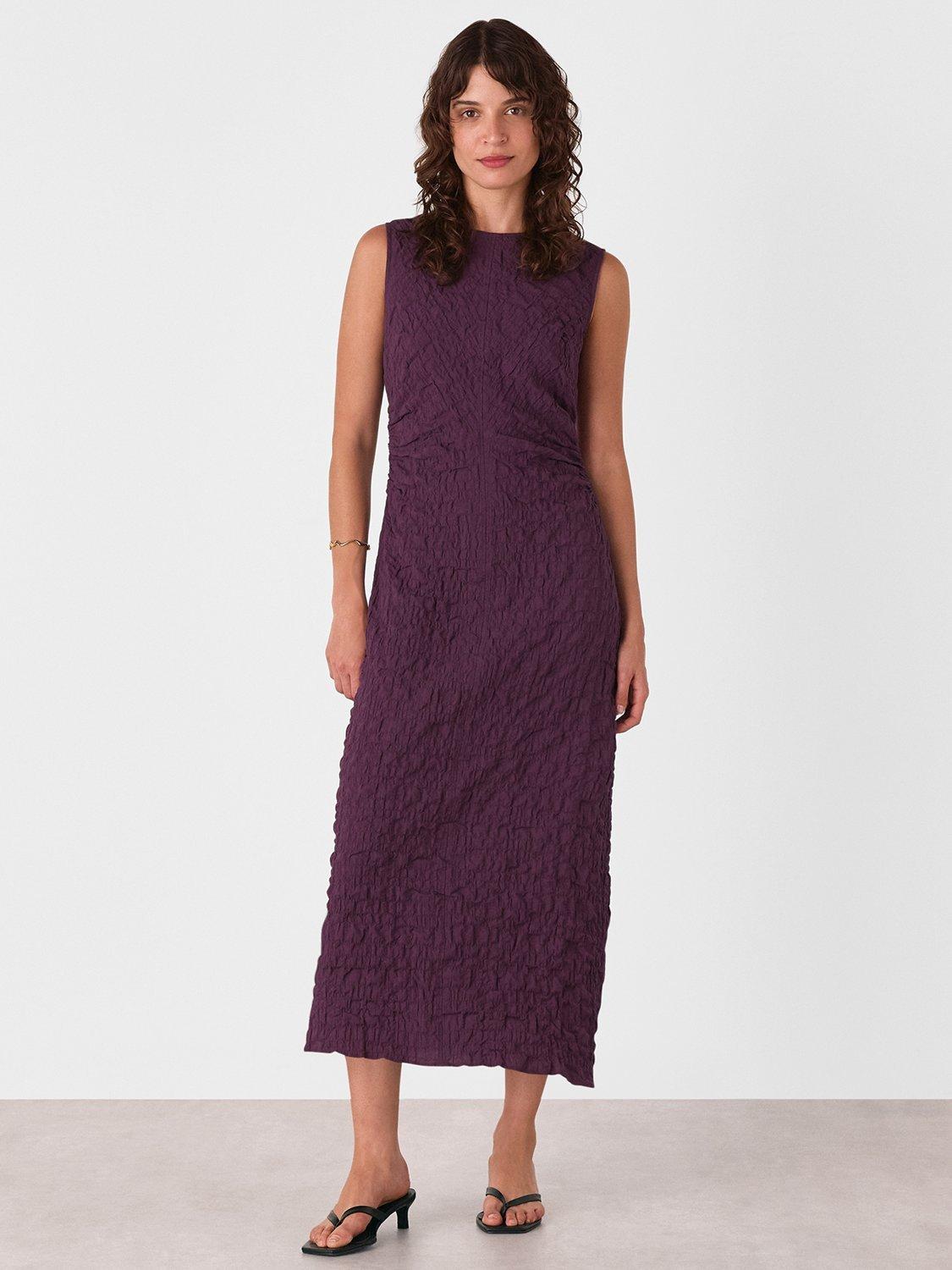 Product image 1 of 5, which shows Whistles Lori Textured Midi Dress, Plum, 6