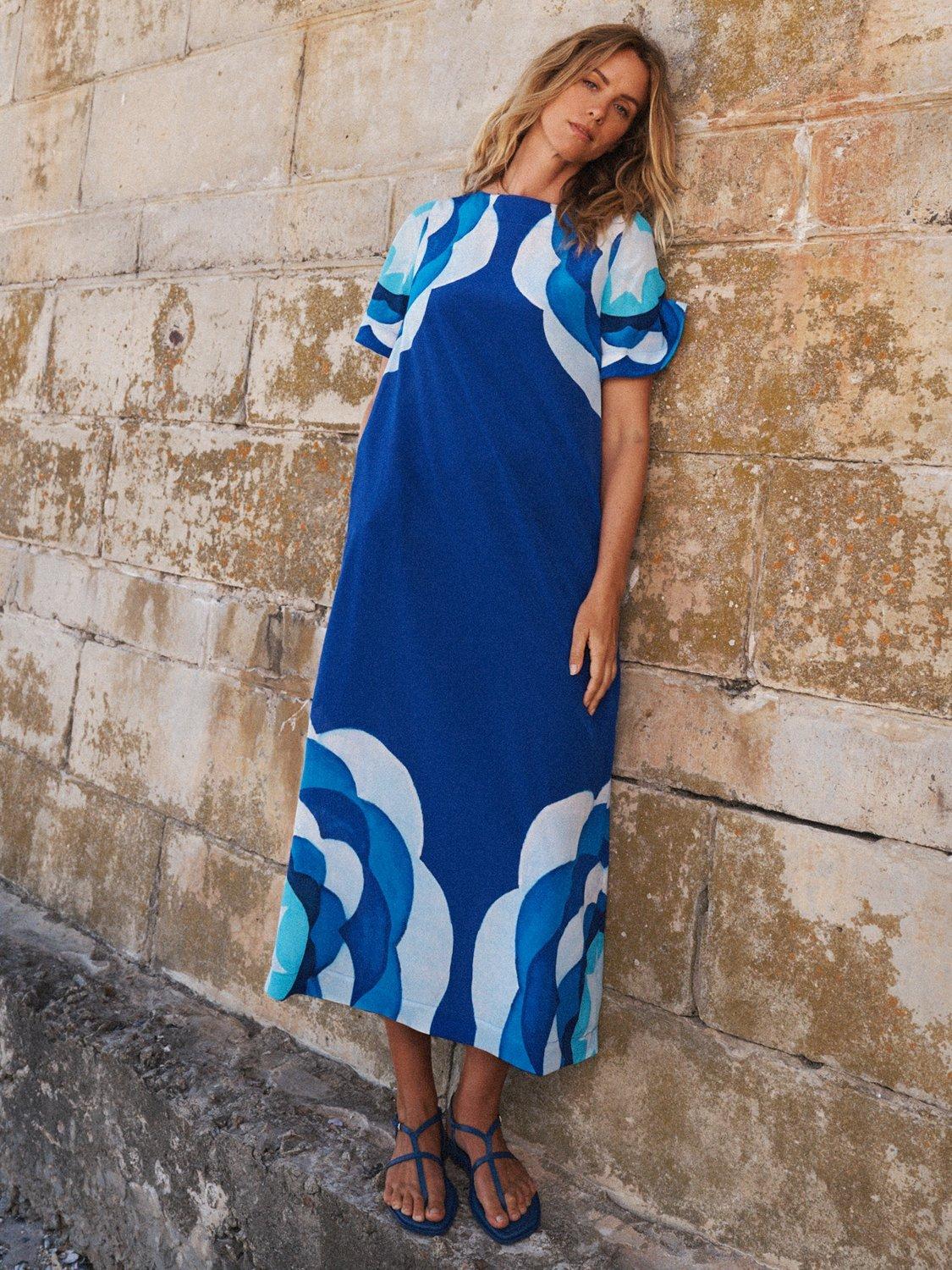 Product image 1 of 7, which shows NRBY x BOYD Sintra Tile Print Pure Silk Dress, Blue Tavira, XS