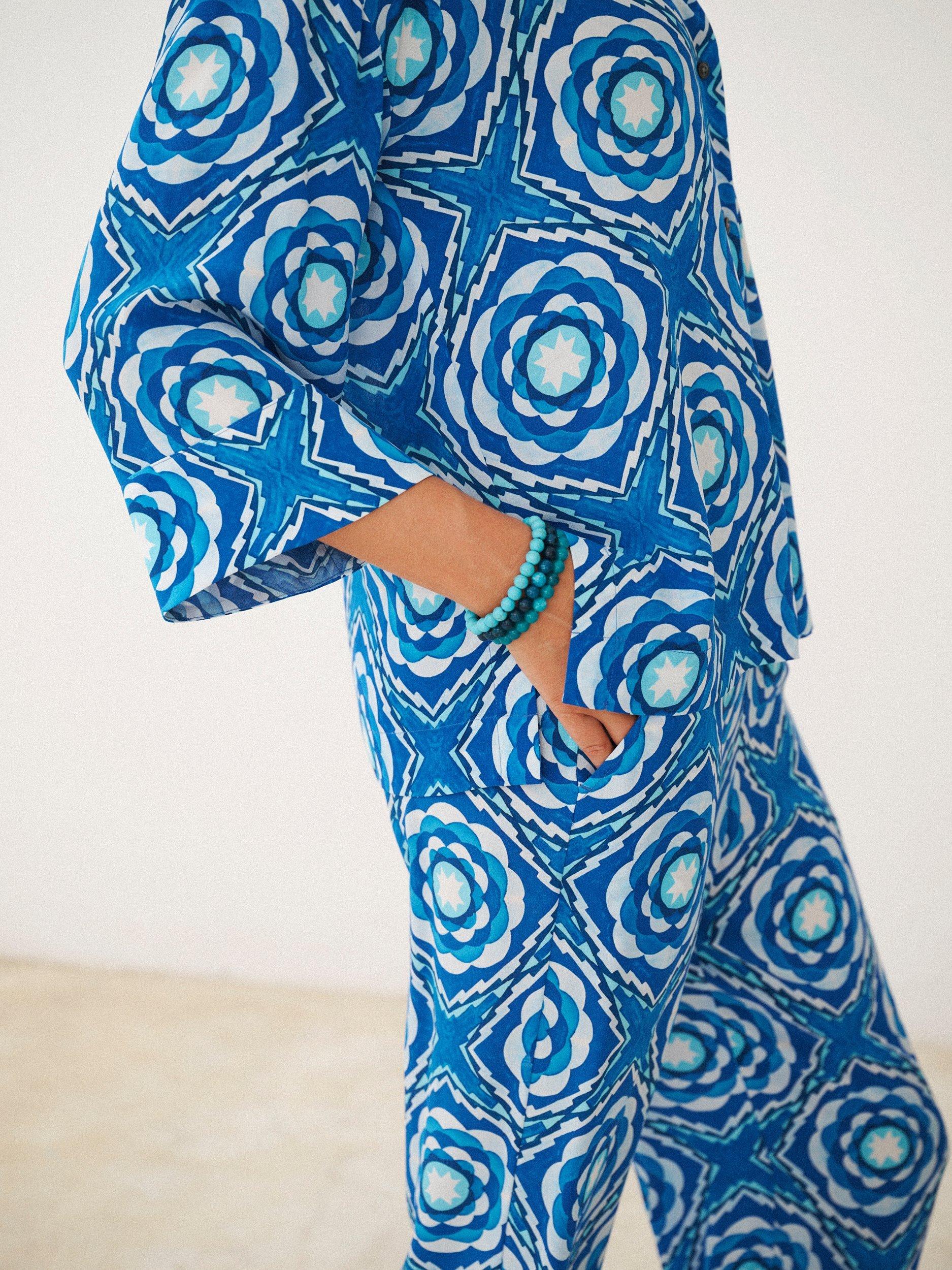 Product image 4 of 7, which shows NRBY x BOYD Tavira Tile Print Pure Silk Shirt, Blue Tavira, XS