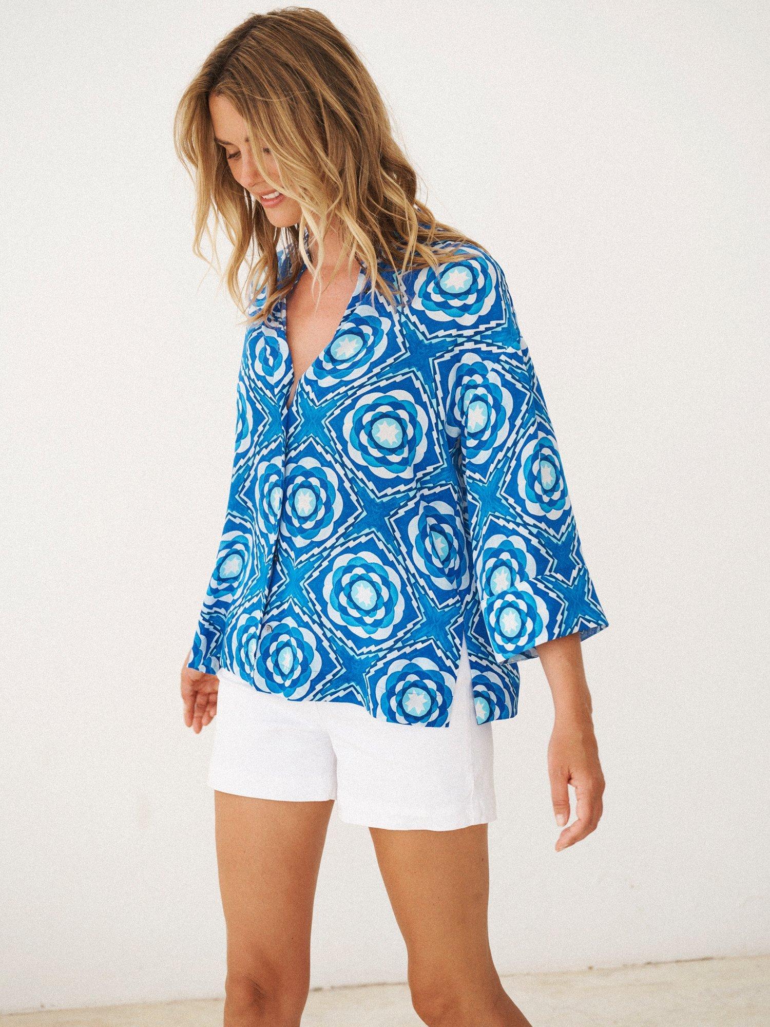 Product image 6 of 7, which shows NRBY x BOYD Tavira Tile Print Pure Silk Shirt, Blue Tavira, XS