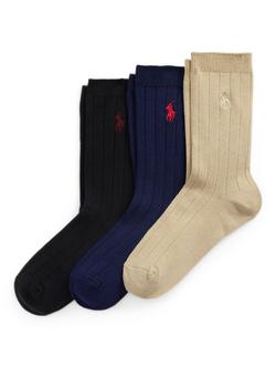 Ralph Lauren Kids' Cotton Blend Socks, Pack of 3, Tan/Navy/Black, Tan