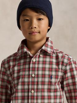 Ralph Lauren Kids' Cotton Long Sleeved Shirt, Red/Cream - view 2, Red/Cream