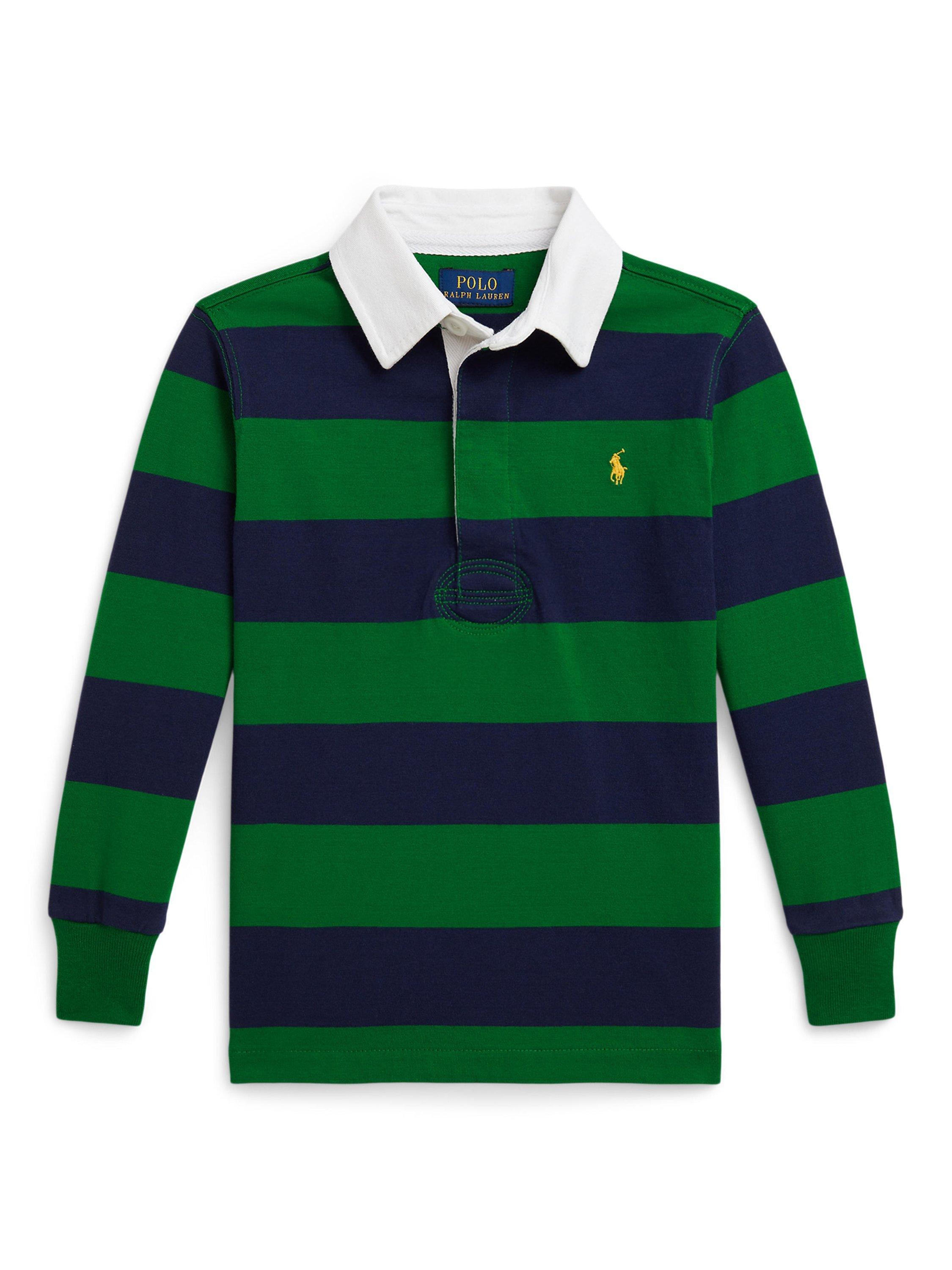 Product image 1 of 2, which shows Ralph Lauren Kids' Cotton Long Sleeved Striped Rugby Shirt, Green/Navy, 2 years