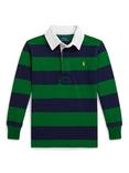 Ralph Lauren Kids' Cotton Long Sleeved Striped Rugby Shirt, Green/Navy