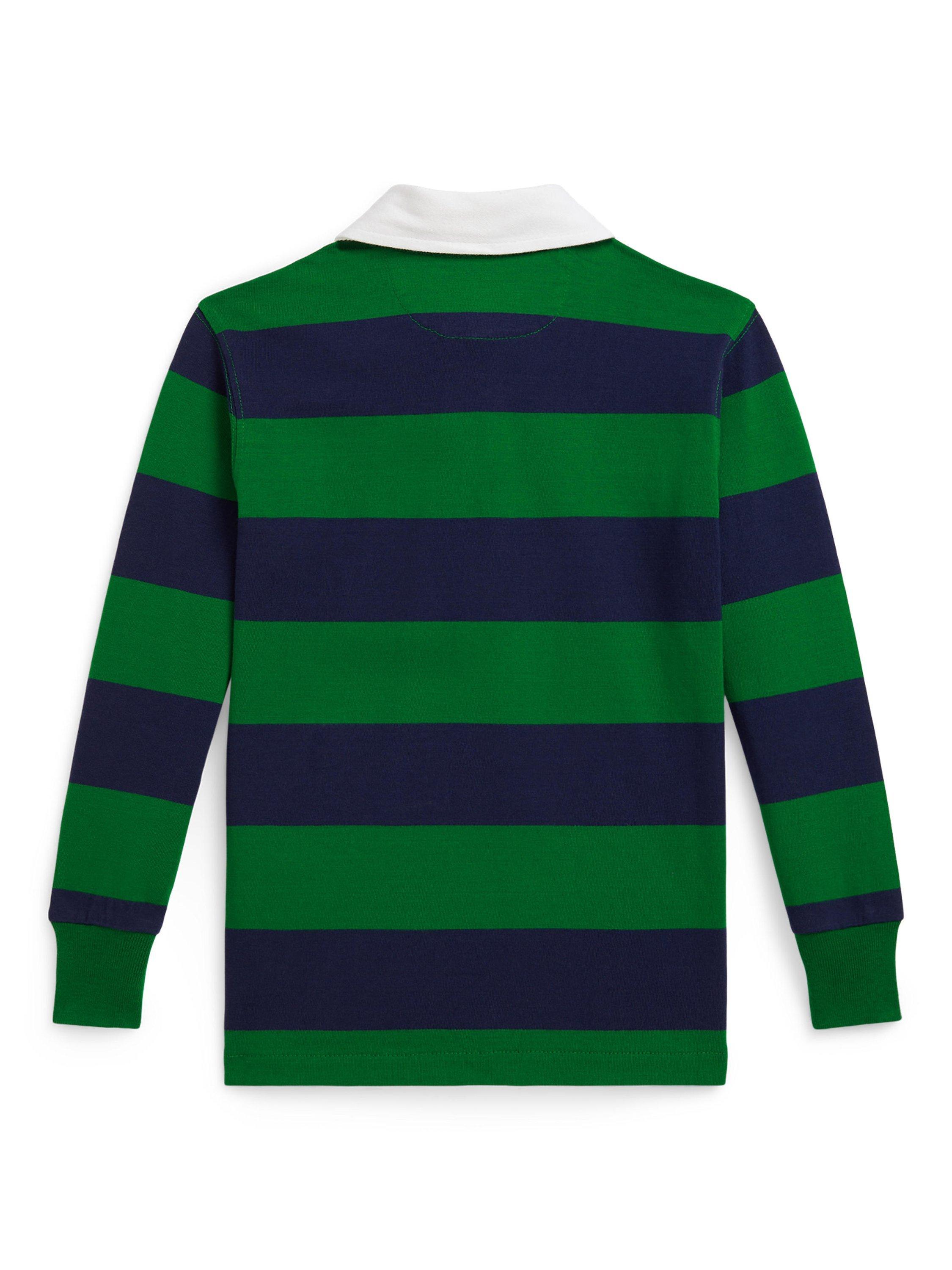 Product image 2 of 2, which shows Ralph Lauren Kids' Cotton Long Sleeved Striped Rugby Shirt, Green/Navy, 2 years