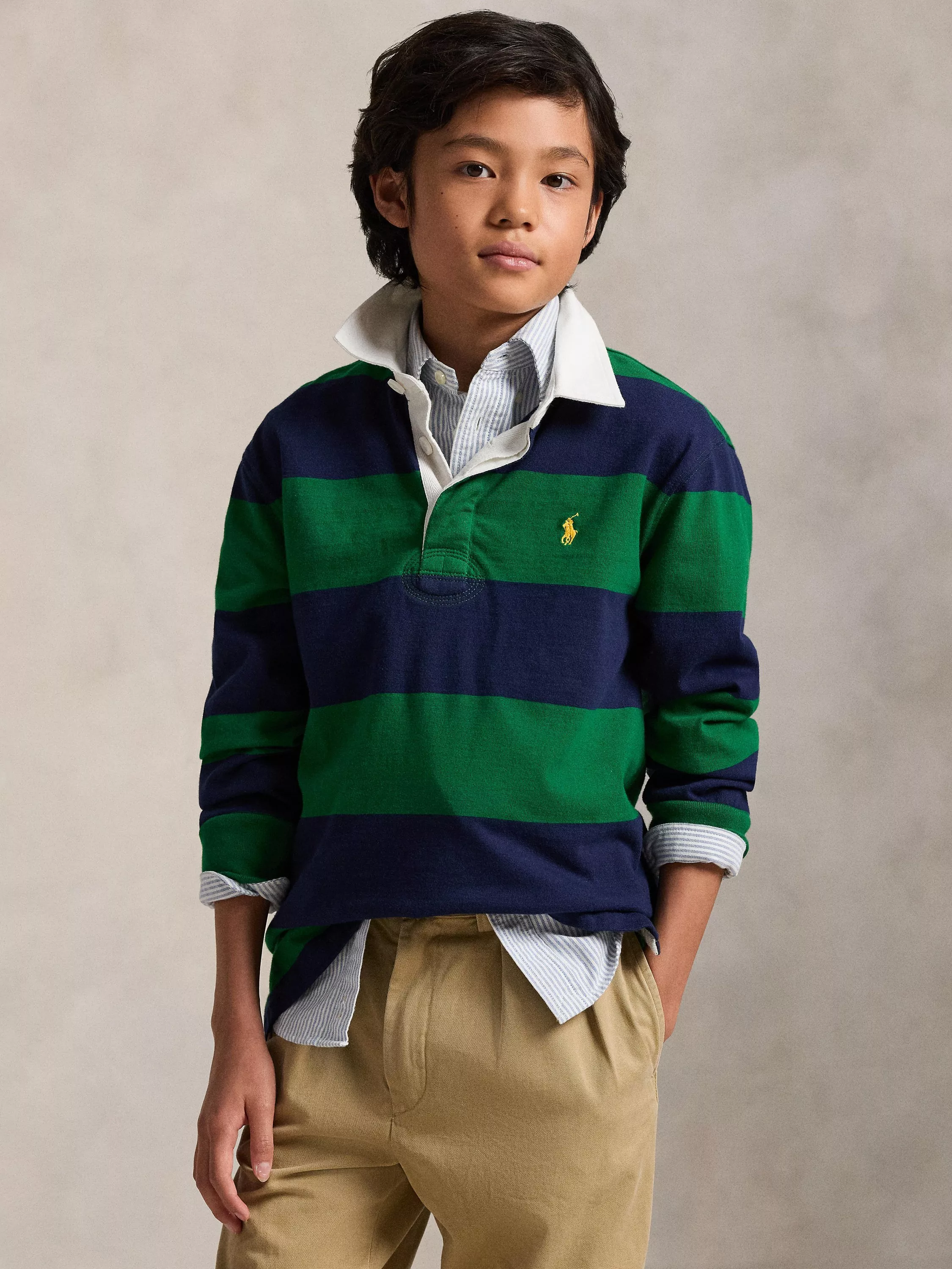 Polo Ralph Lauren Kids' Striped Cotton Rugby Shirt, Green/Navy