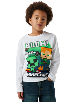 NAME IT Kids' Cotton Long Sleeved Minecraft T-Shirt, Bright White, Bright White