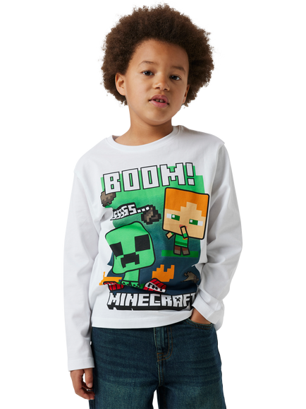 NAME IT Kids' Cotton Long Sleeved Minecraft T-Shirt, Bright White, Bright White