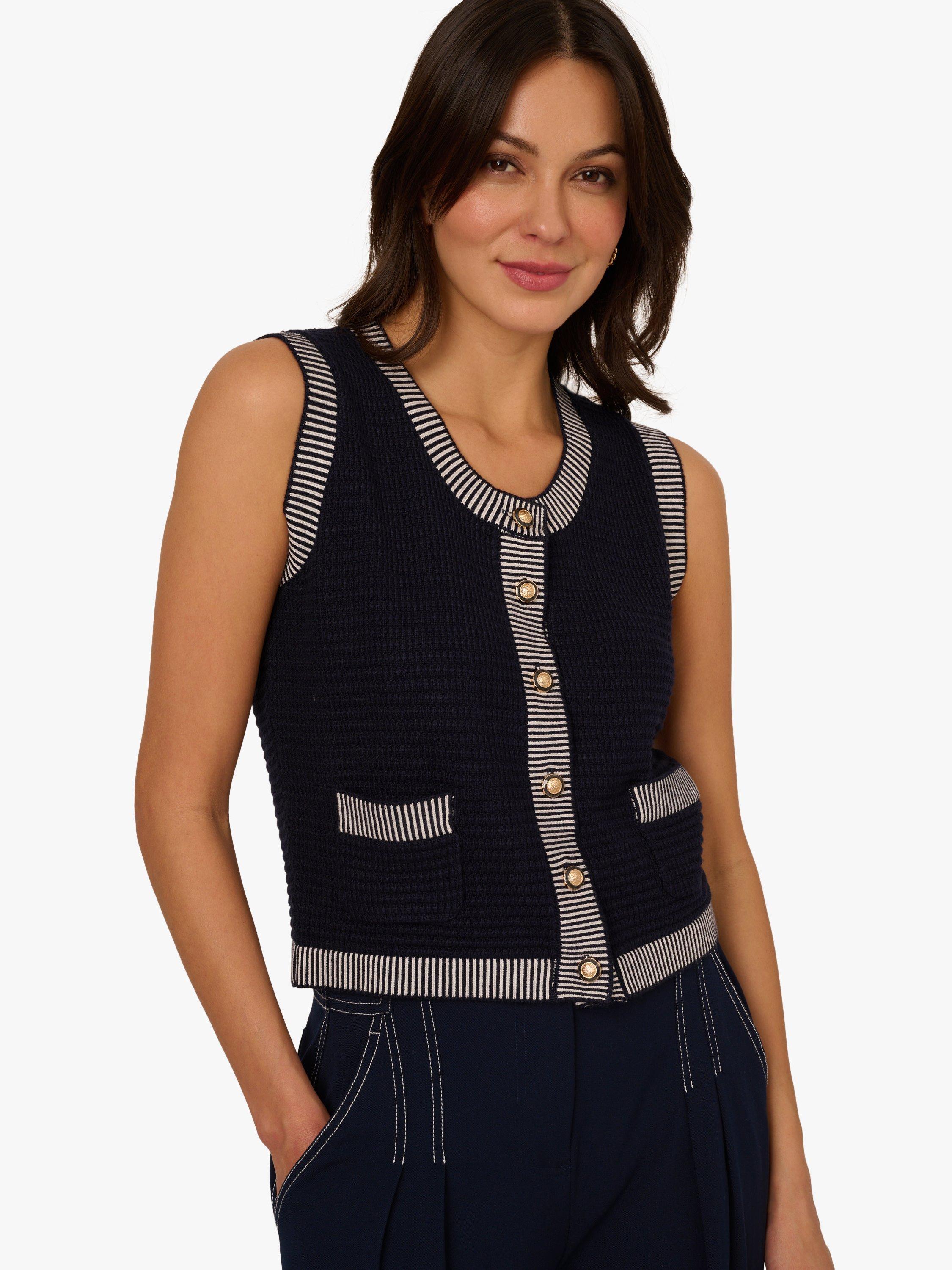Product image 3 of 7, which shows Adrianna Papell Sleeveless Stripe Trim Cardigan, Blue/Multi, L