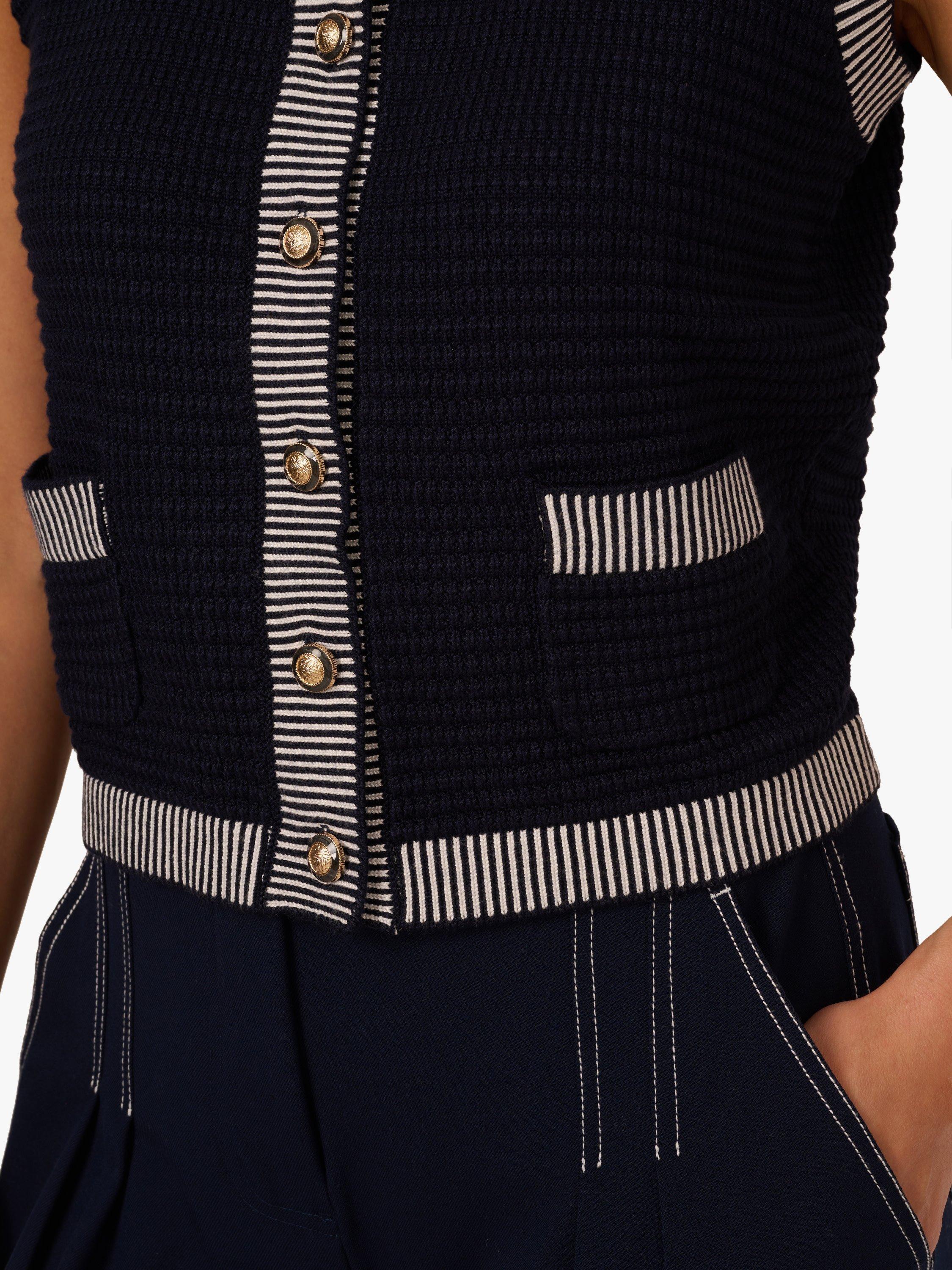 Product image 6 of 7, which shows Adrianna Papell Sleeveless Stripe Trim Cardigan, Blue/Multi, L