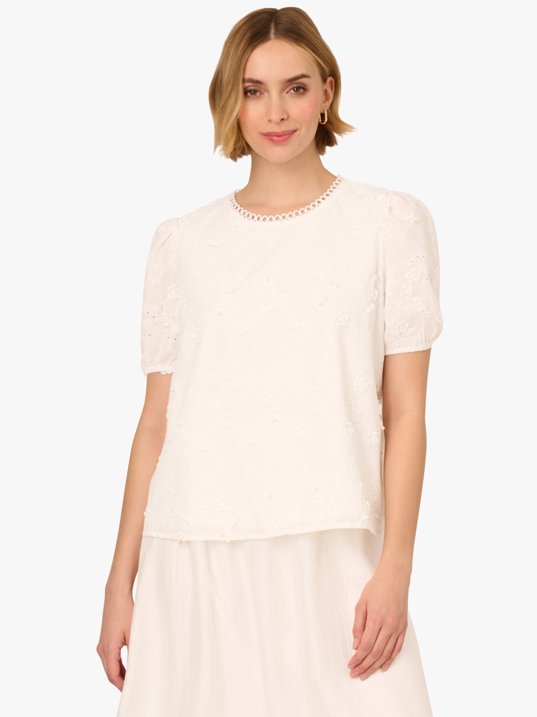 Product image 1 of 7, which shows Adrianna Papell Flower Eyelet Puff Sleeve Top, White, XS