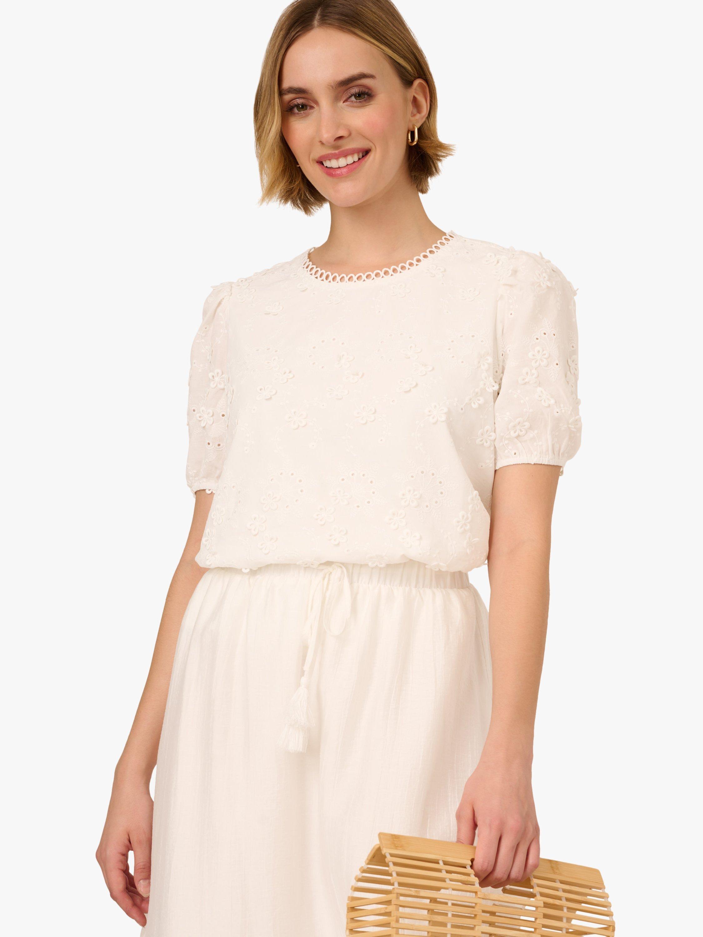 Product image 3 of 7, which shows Adrianna Papell Flower Eyelet Puff Sleeve Top, White, XS