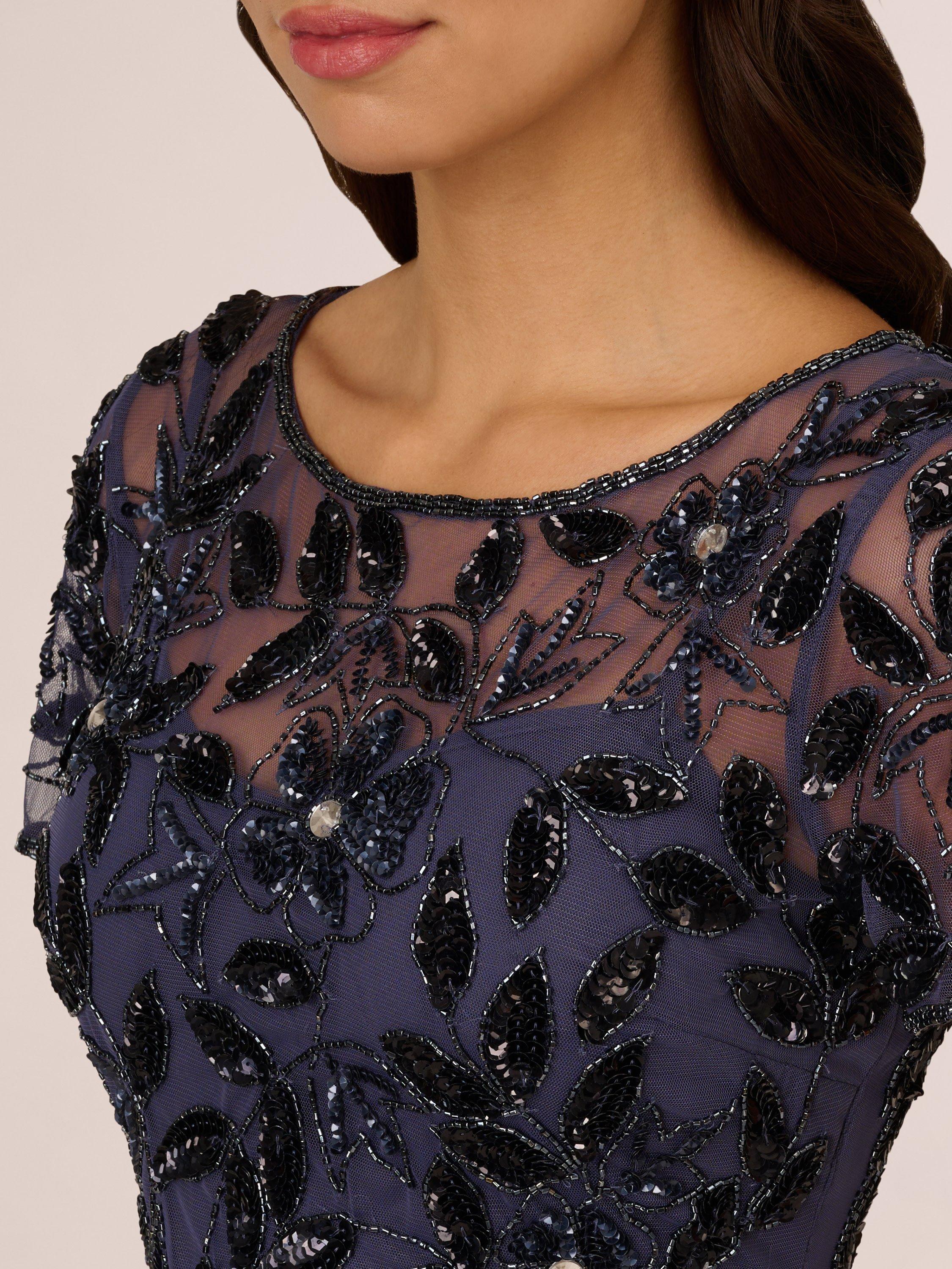 Product image 4 of 6, which shows Adrianna Papell Floral Beaded Godet Maxi Dress, Smoky Peri, 6