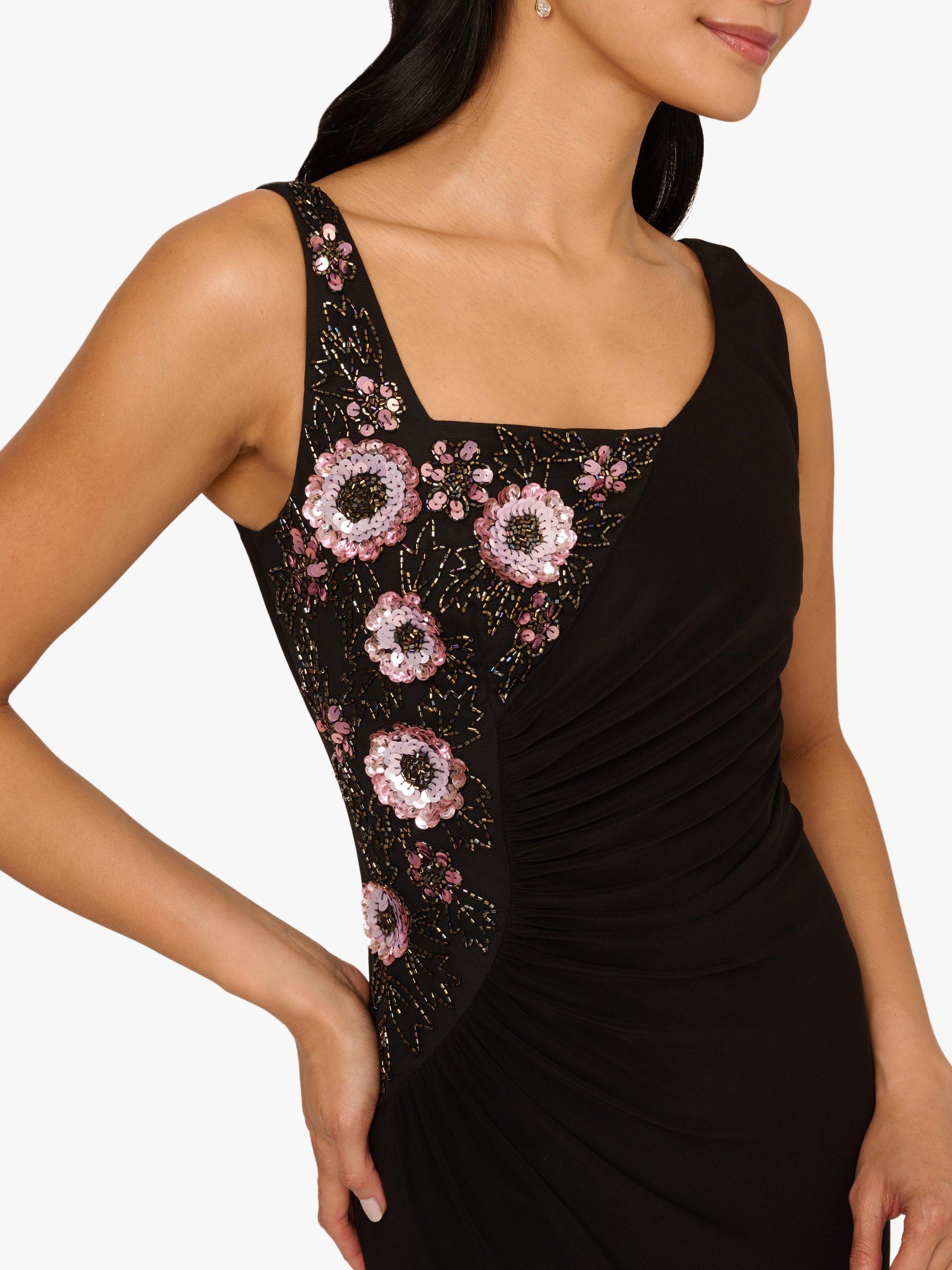 Product image 4 of 6, which shows Adrianna Papell Asymmetric Floral Beaded Maxi Dress, Black/Multi, 10