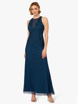 Papell Studio Beaded Halterneck Maxi Dress, Dark Blue, Dark Blue