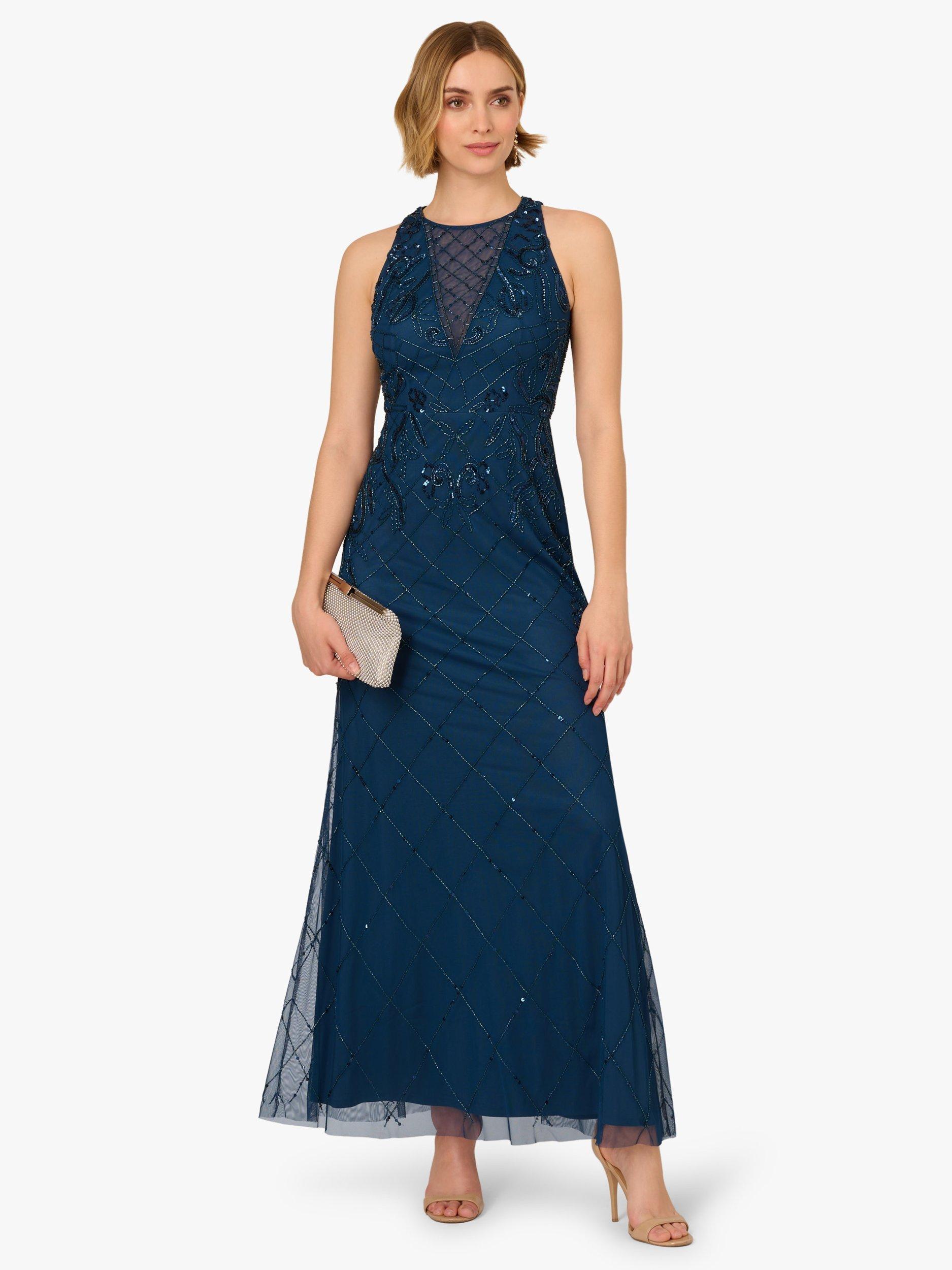 Product image 3 of 6, which shows Papell Studio Beaded Halterneck Maxi Dress, Dark Blue, 6