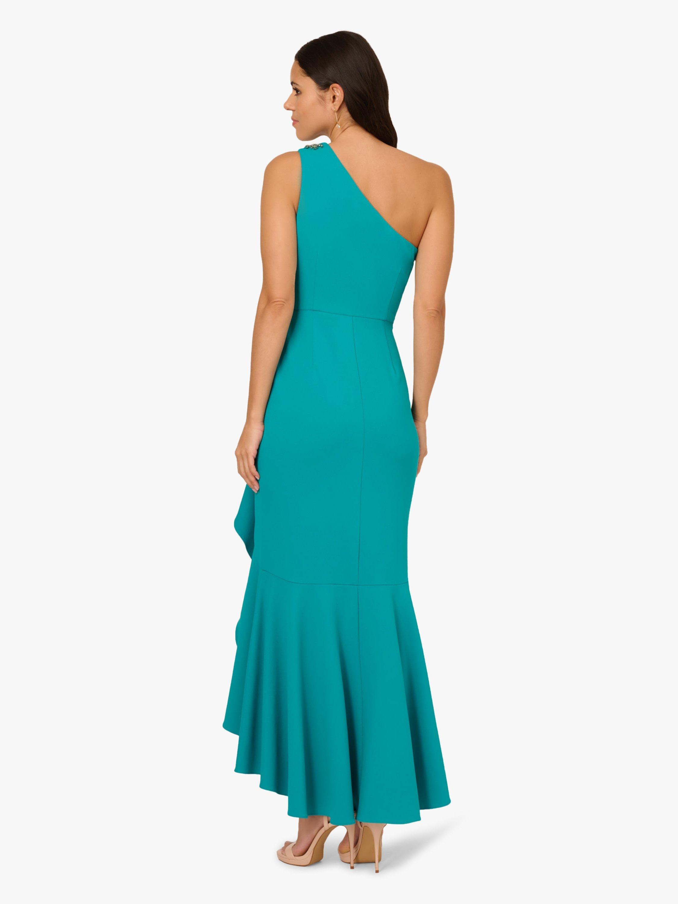 Product image 2 of 6, which shows Papell Studio Bead Knit Crepe Asymmetric Dress, Teal Lagoon, 6