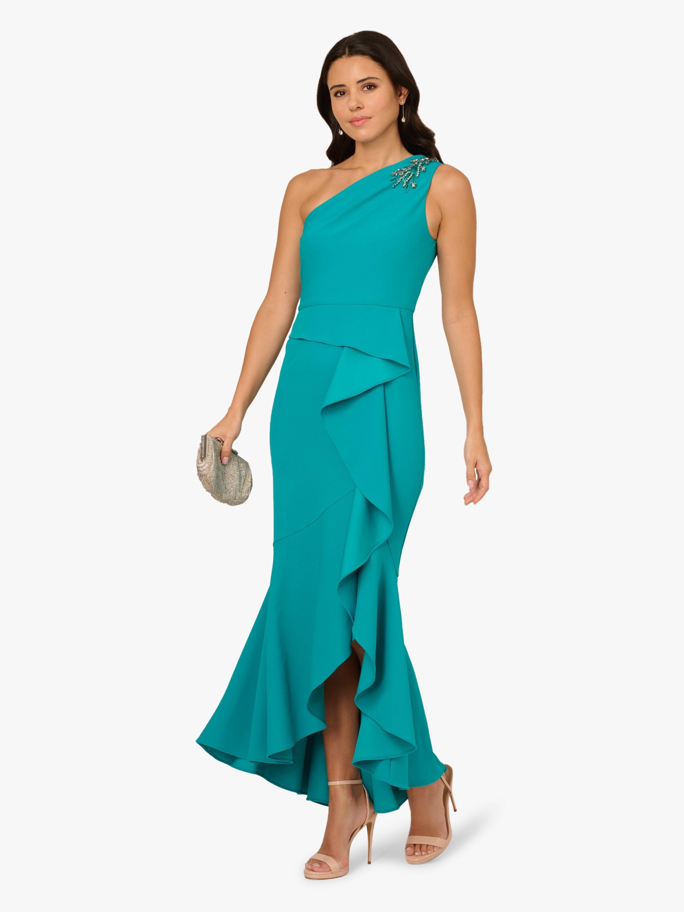 Product image 3 of 6, which shows Papell Studio Bead Knit Crepe Asymmetric Dress, Teal Lagoon, 6