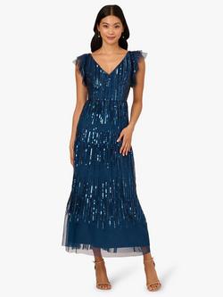 Adrianna Papell Beaded Mesh Tiered Dress, Mid Blue, Mid Blue