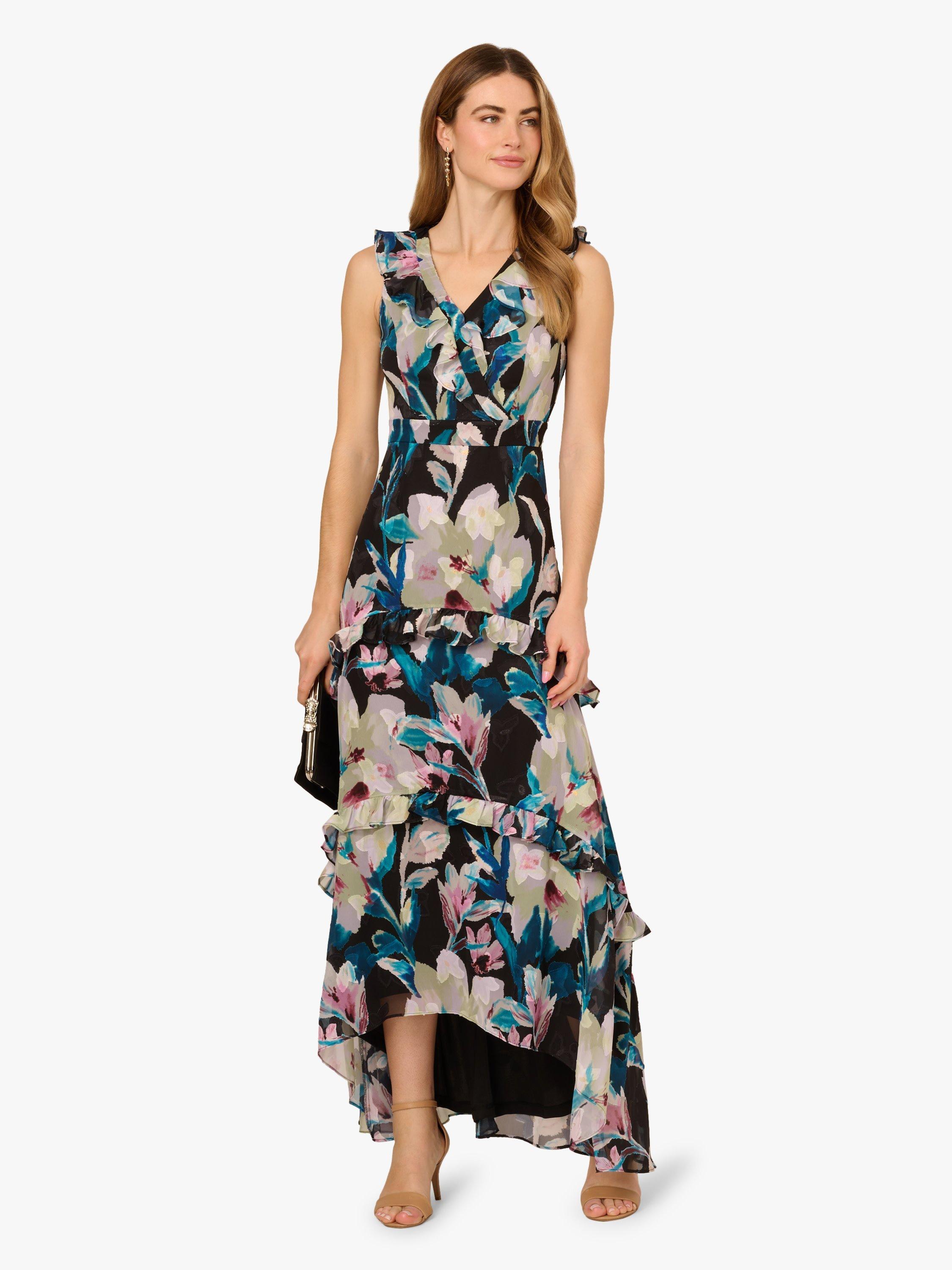 Product image 3 of 6, which shows Adrianna Papell Floral Ruffle Chiffon Dress, Black/Multi, 6