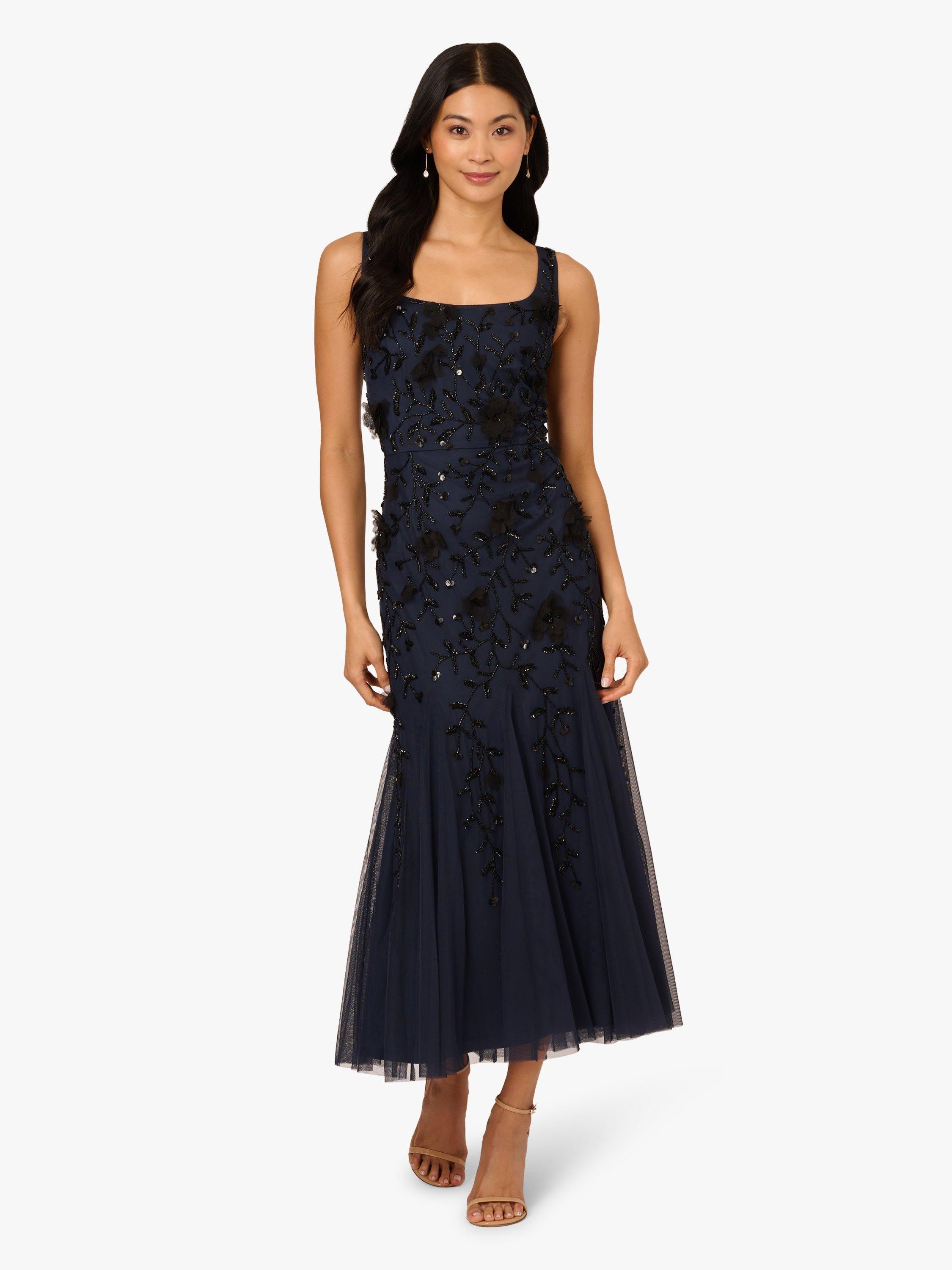 Product image 1 of 6, which shows Adrianna Papell Floral Beaded Godet Hem Dress, Navy/Black, 6