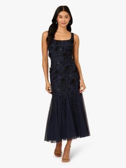 Adrianna Papell Floral Beaded Godet Hem Dress, Navy/Black, Navy/Black