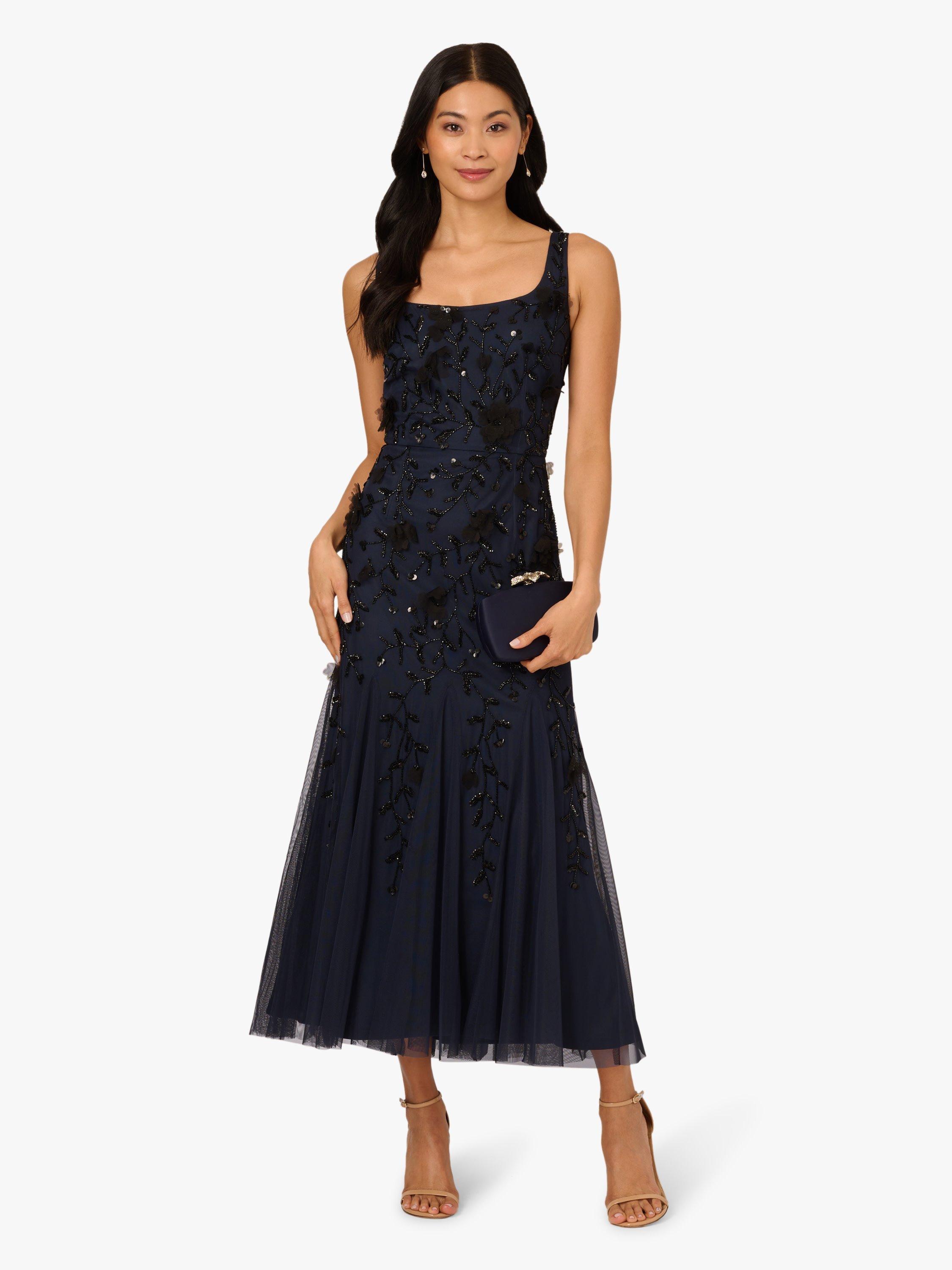 Product image 3 of 6, which shows Adrianna Papell Floral Beaded Godet Hem Dress, Navy/Black, 6