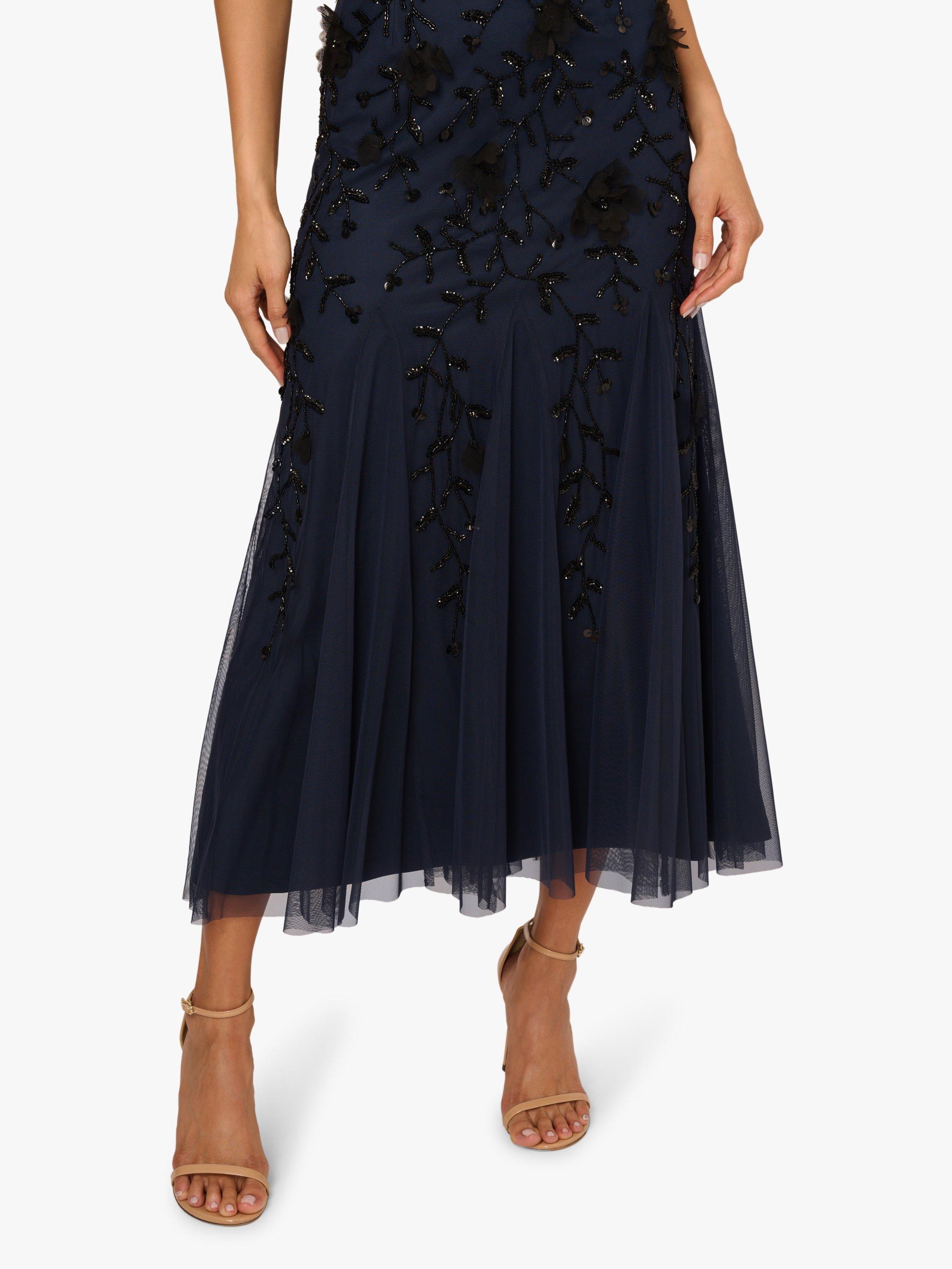 Product image 5 of 6, which shows Adrianna Papell Floral Beaded Godet Hem Dress, Navy/Black, 6