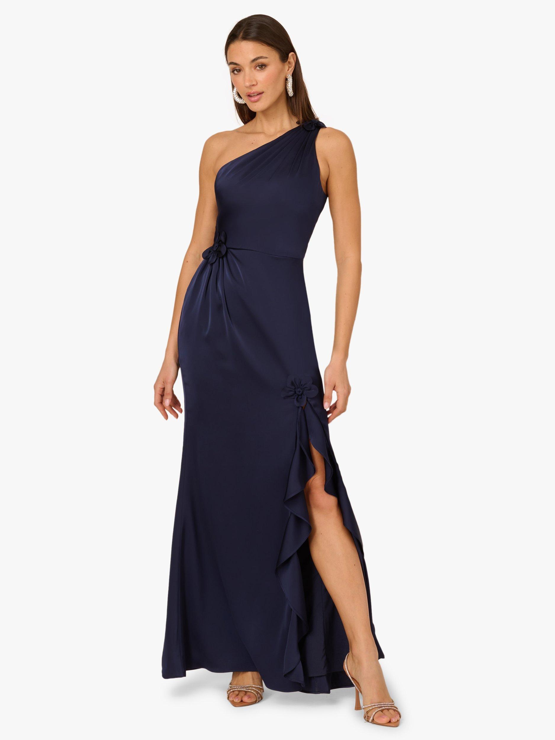 Product image 1 of 6, which shows Adrianna By Adrianna Papell Flower Applique Stretch Satin Dress, Navy, 6