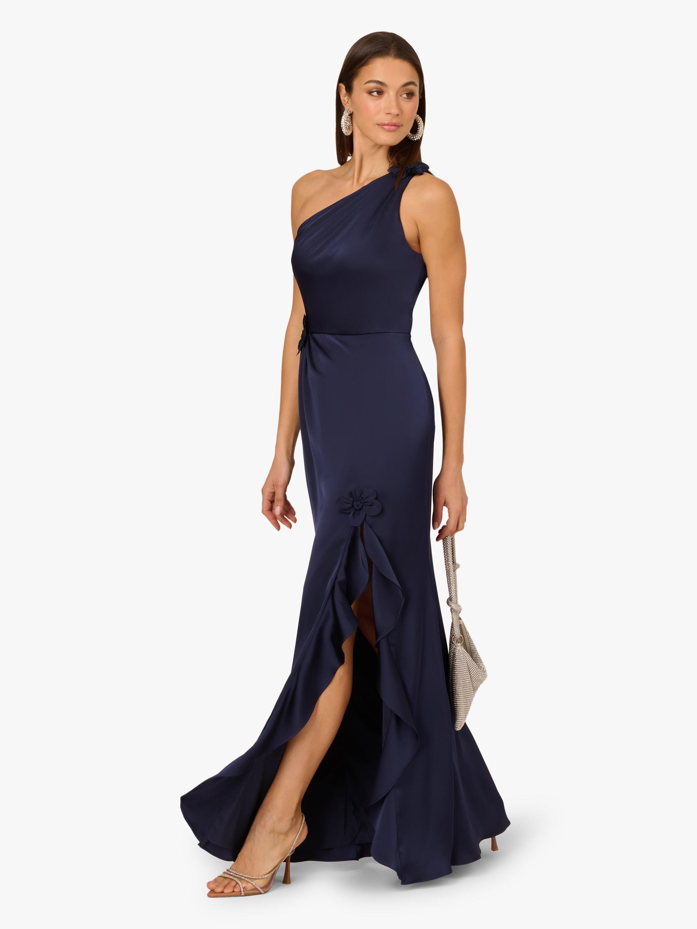 Product image 3 of 6, which shows Adrianna By Adrianna Papell Flower Applique Stretch Satin Dress, Navy, 6