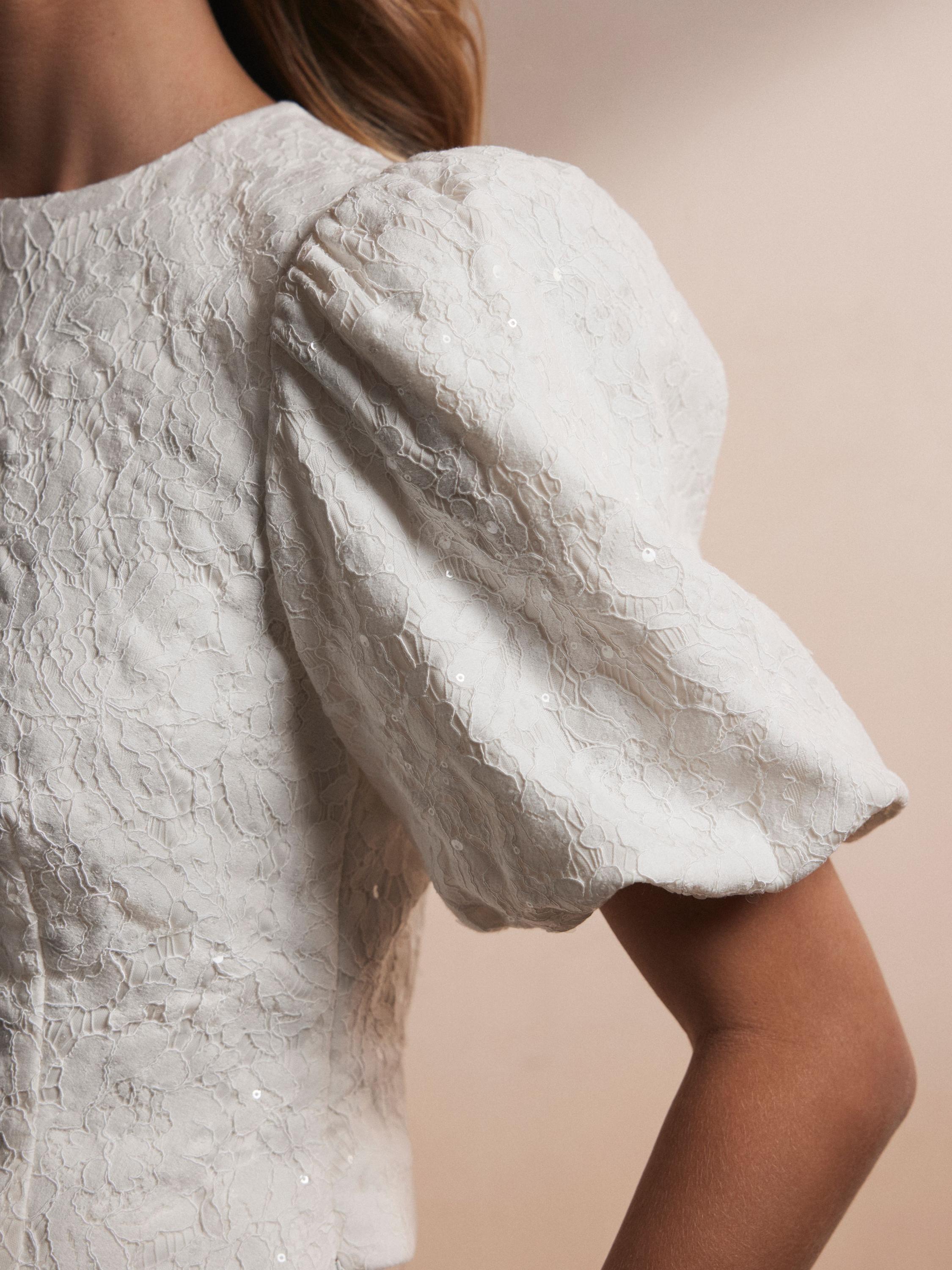 Product image 3 of 8, which shows Mint Velvet Lace Puff Sleeve Top, White Ivory, 6