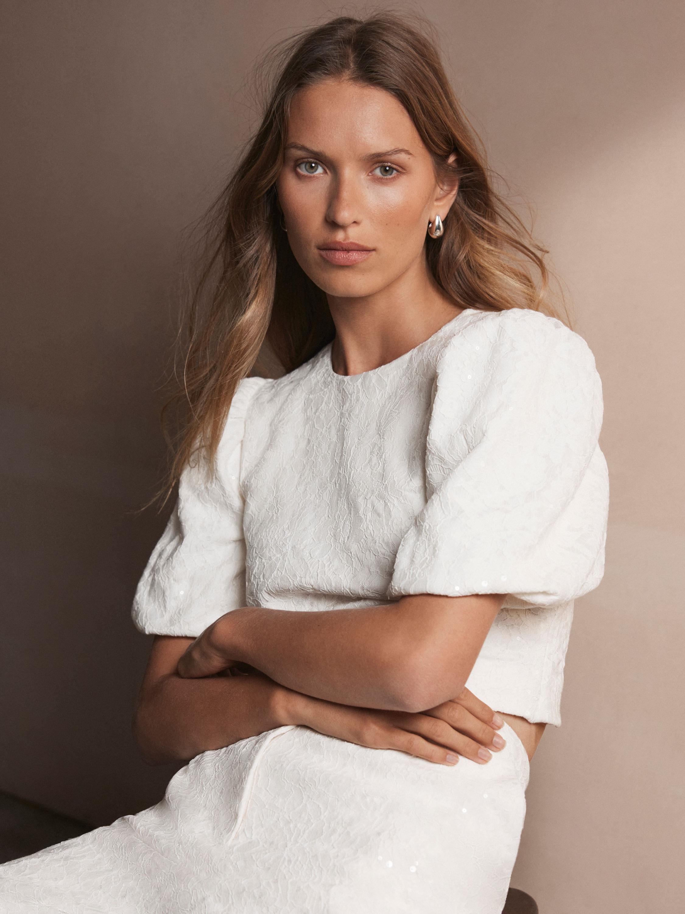Product image 5 of 8, which shows Mint Velvet Lace Puff Sleeve Top, White Ivory, 6
