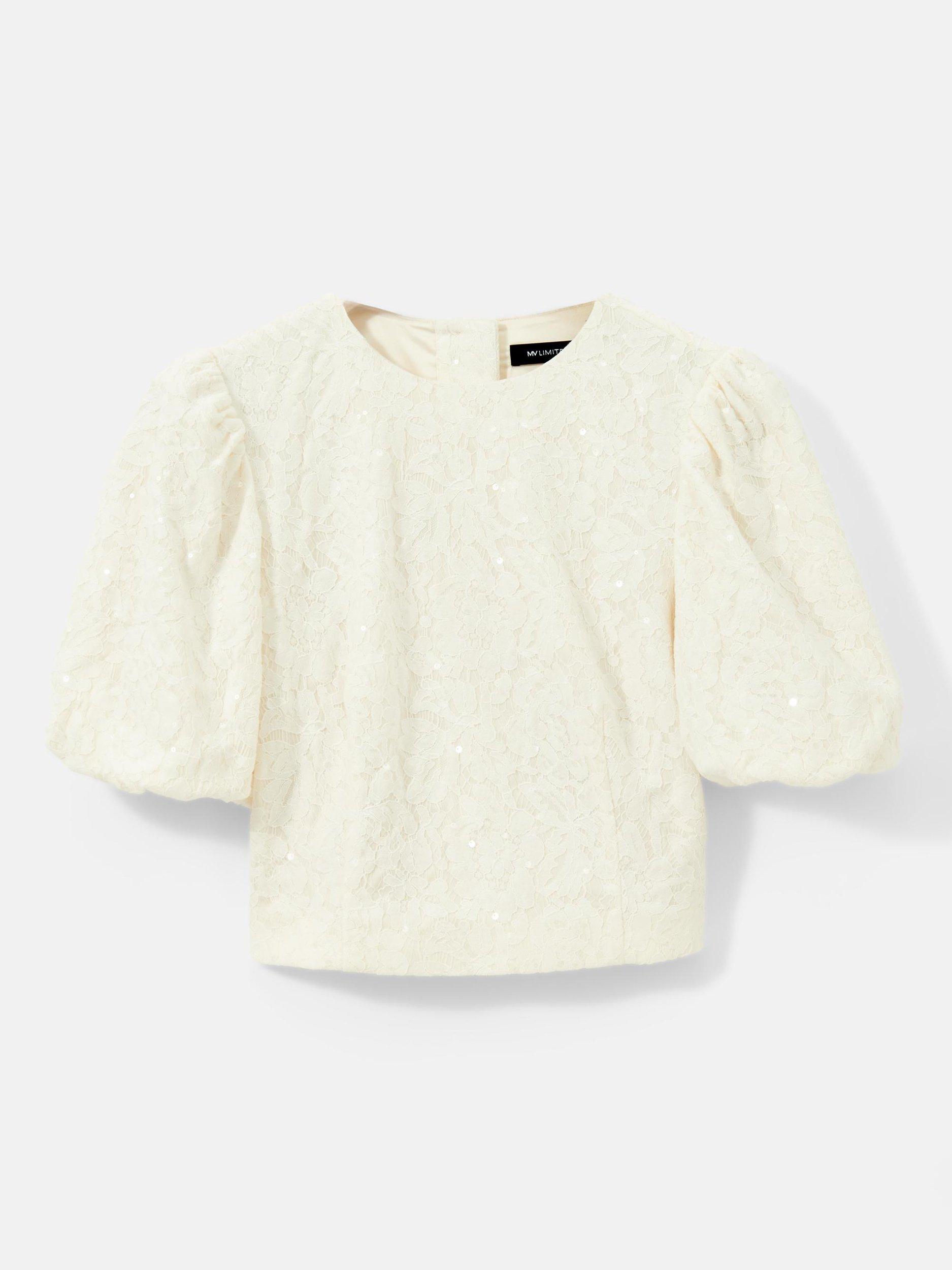 Product image 6 of 8, which shows Mint Velvet Lace Puff Sleeve Top, White Ivory, 6