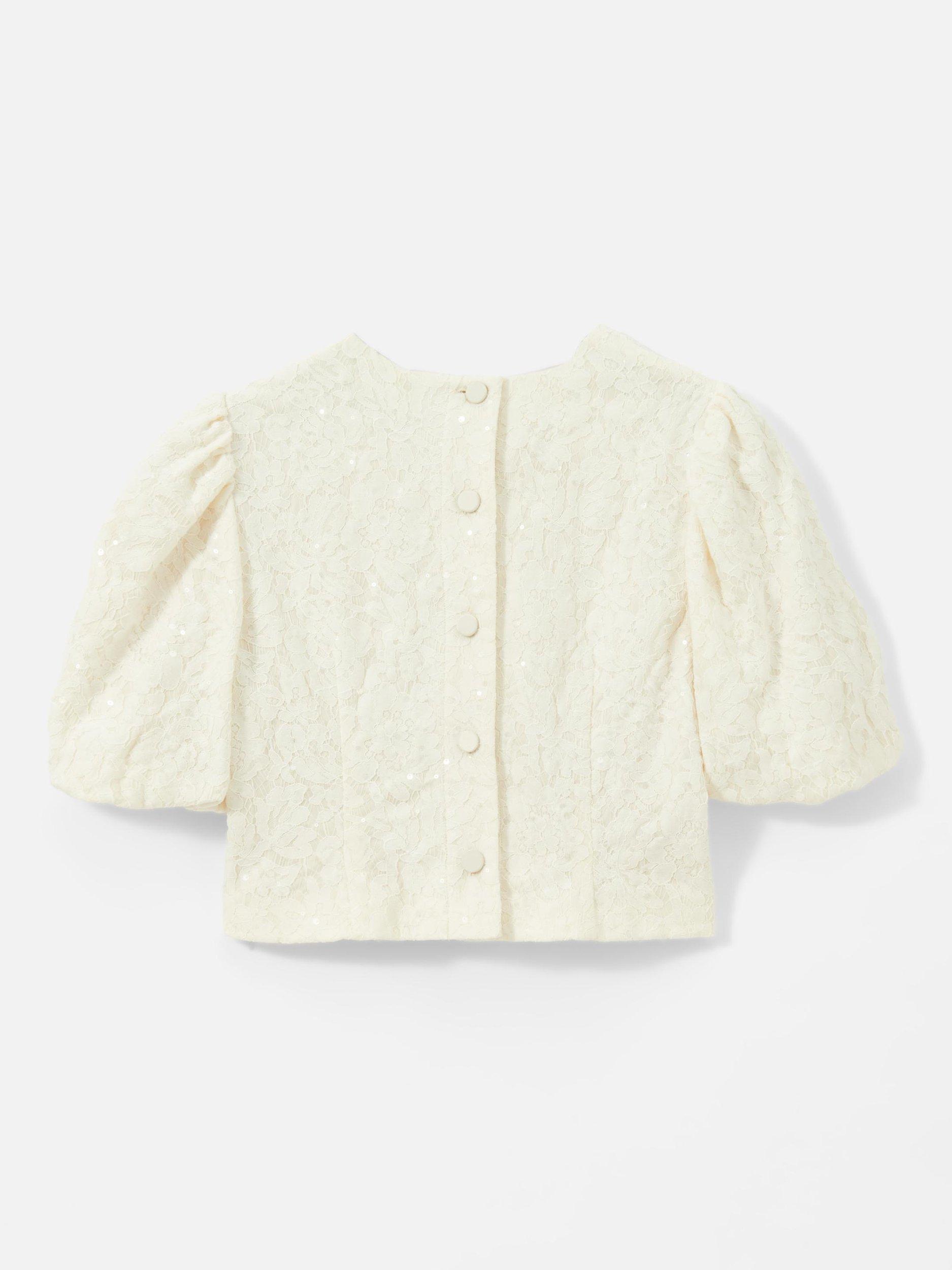 Product image 7 of 8, which shows Mint Velvet Lace Puff Sleeve Top, White Ivory, 6