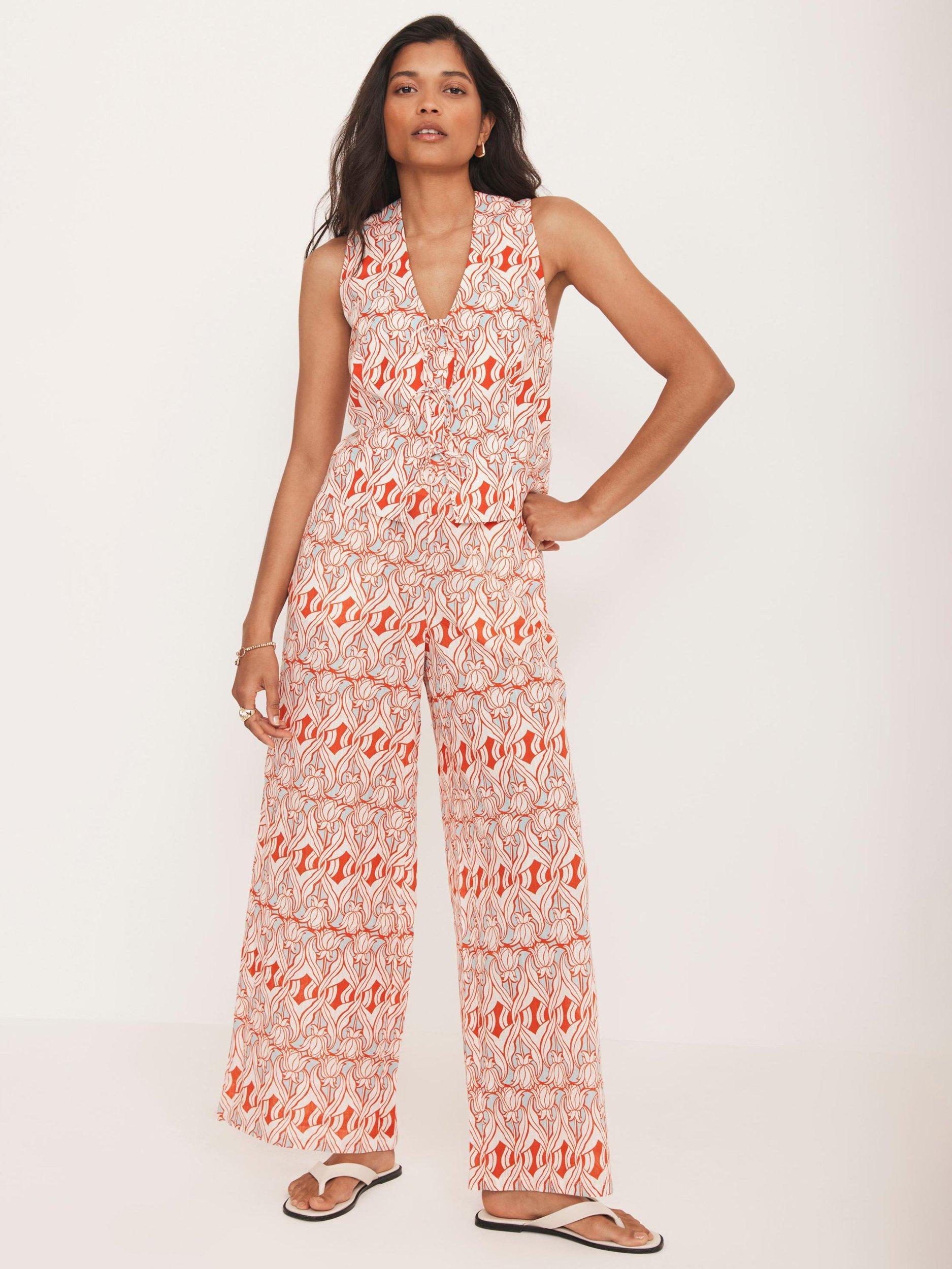 Product image 1 of 7, which shows Mint Velvet Geometric Floral Wide Leg Trousers, Orange/Multi, XS