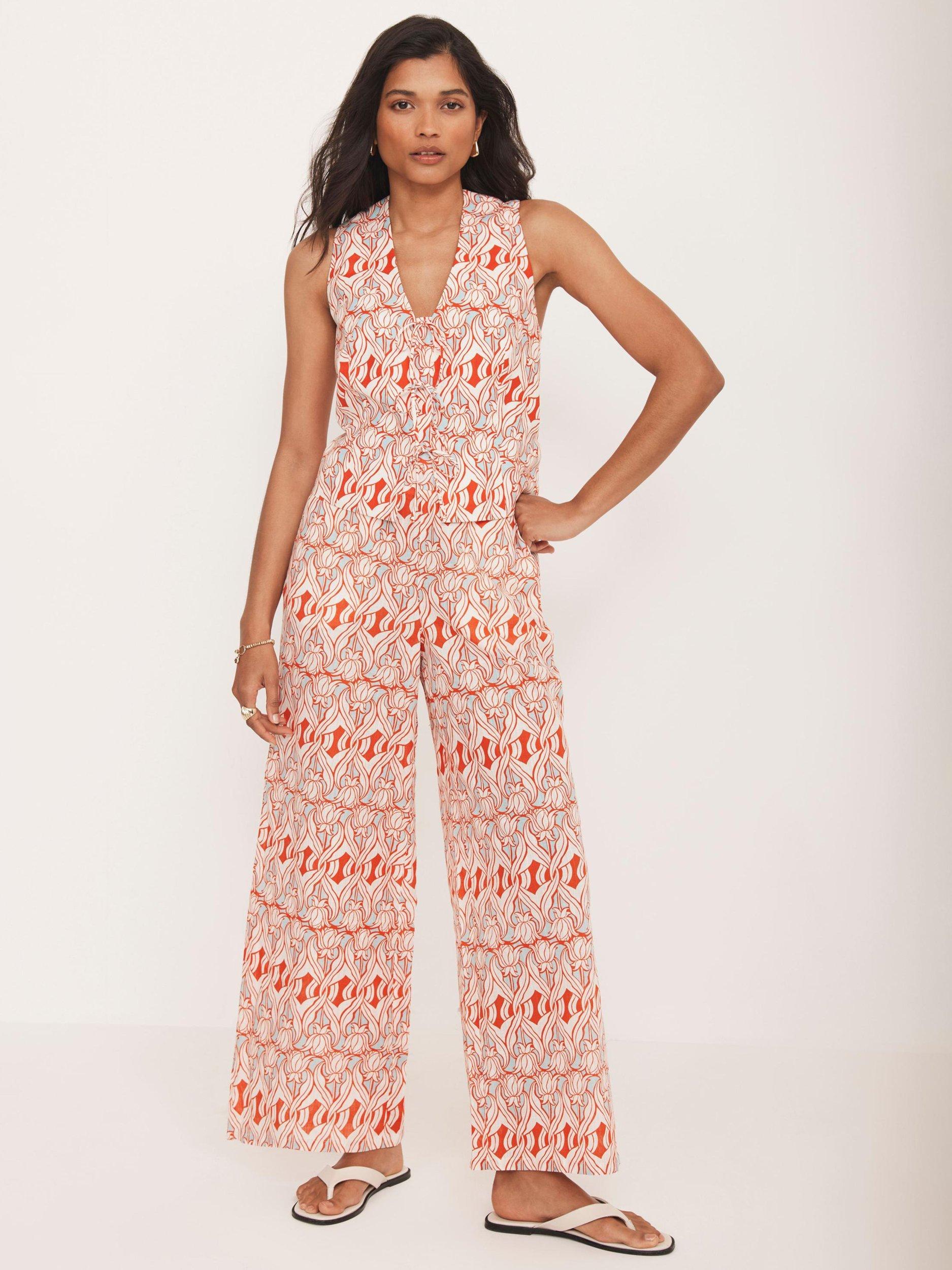 Product image 3 of 7, which shows Mint Velvet Geometric Floral Wide Leg Trousers, Orange/Multi, XS