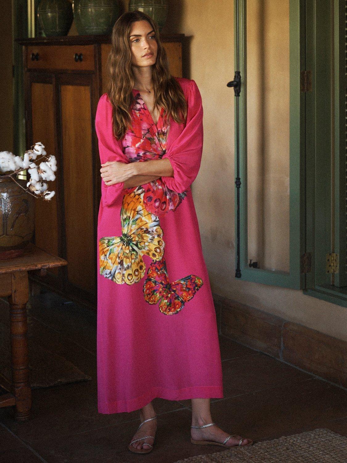 Product image 1 of 8, which shows NRBY Ines Butterfly Pure Silk Dress, Pink/Multi, XS