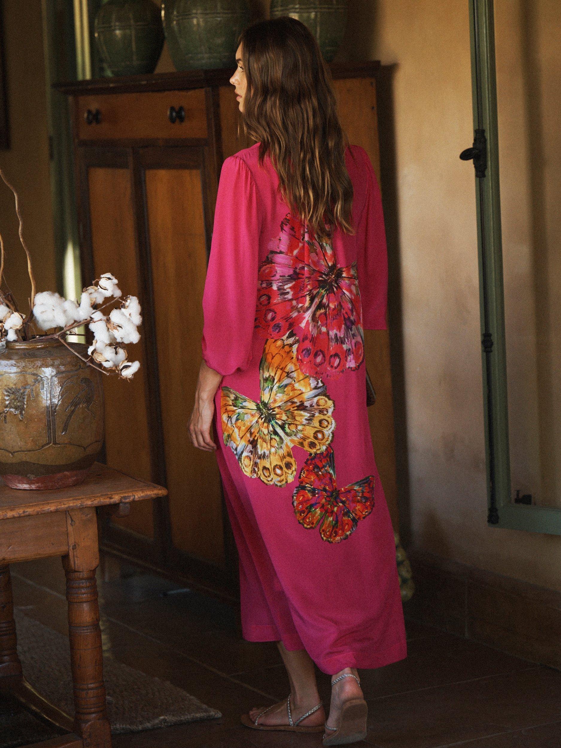 Product image 3 of 8, which shows NRBY Ines Butterfly Pure Silk Dress, Pink/Multi, XS