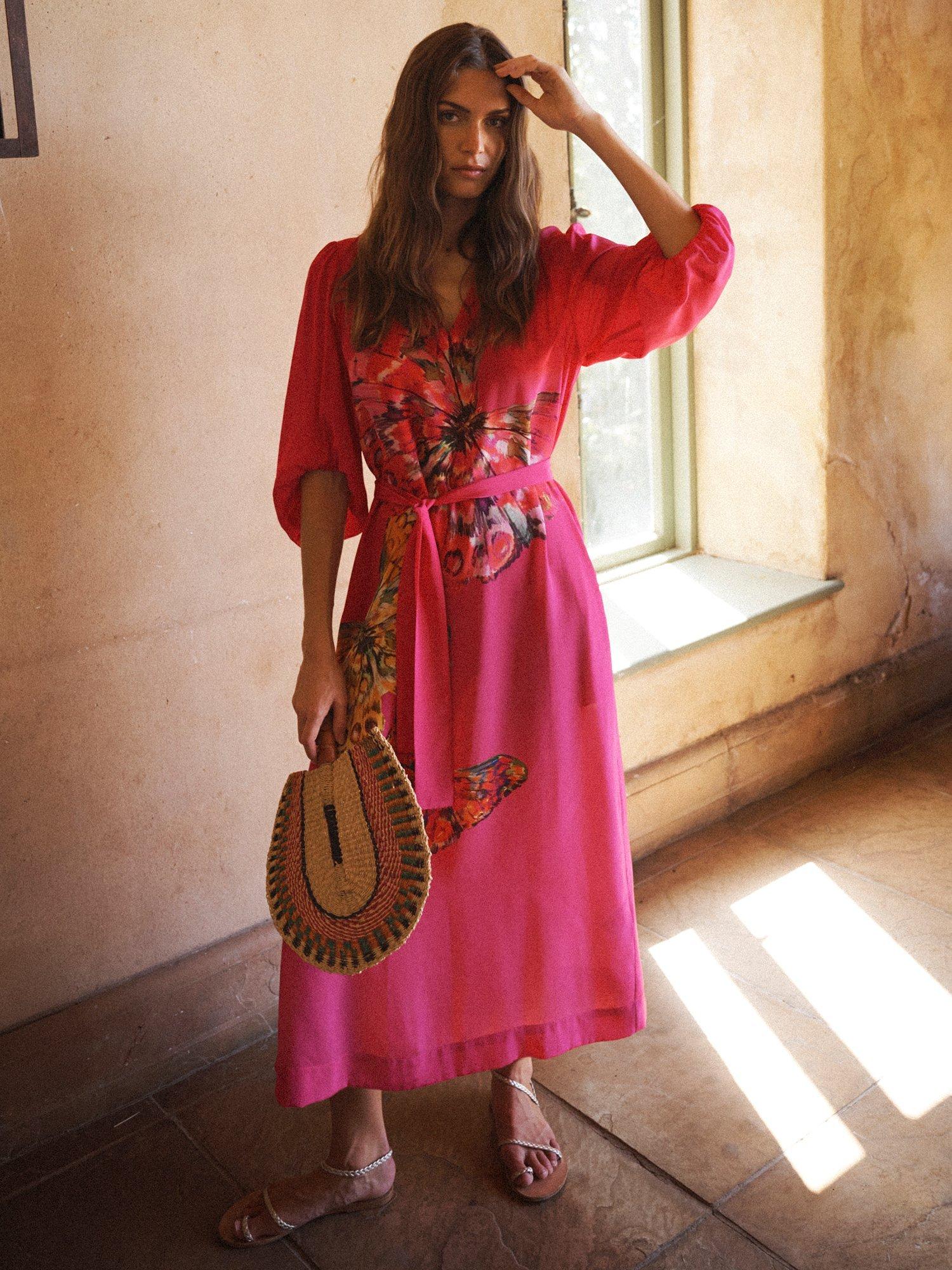 Product image 6 of 8, which shows NRBY Ines Butterfly Pure Silk Dress, Pink/Multi, XS