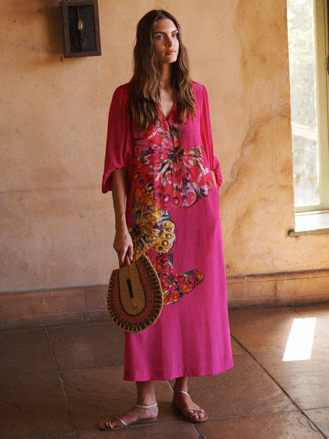 Product image 8 of 8, which shows NRBY Ines Butterfly Pure Silk Dress, Pink/Multi, XS
