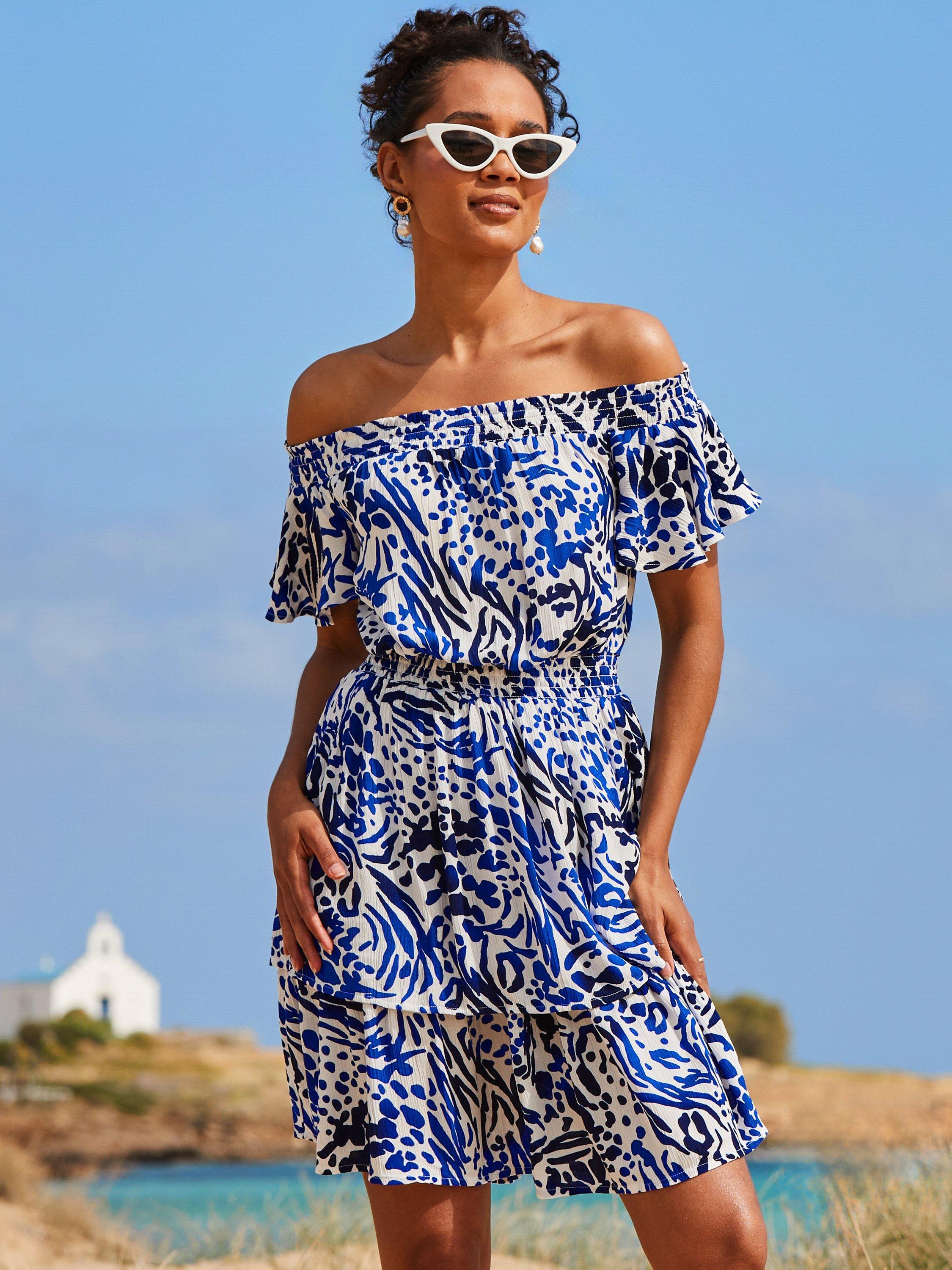 Product image 1 of 6, which shows Sosandar Animal Print Bardot Neck Tiered Crinkle Frill Dress, Blue, 6