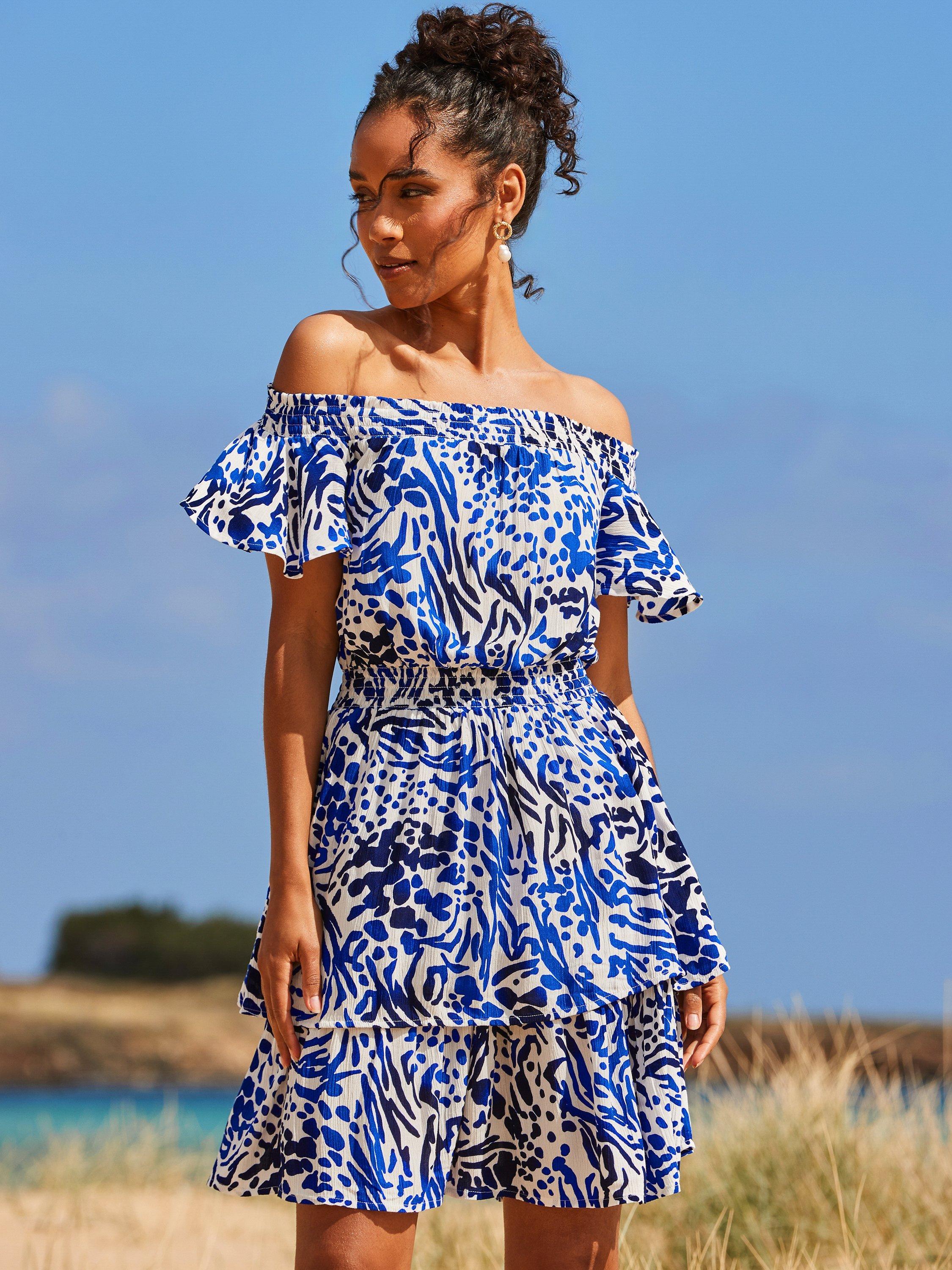 Product image 2 of 6, which shows Sosandar Animal Print Bardot Neck Tiered Crinkle Frill Dress, Blue, 6