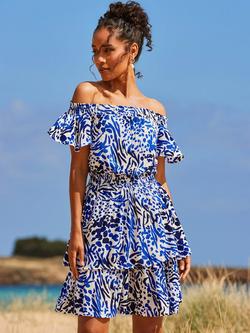Sosandar Animal Print Bardot Neck Tiered Crinkle Frill Dress - view 2, Blue