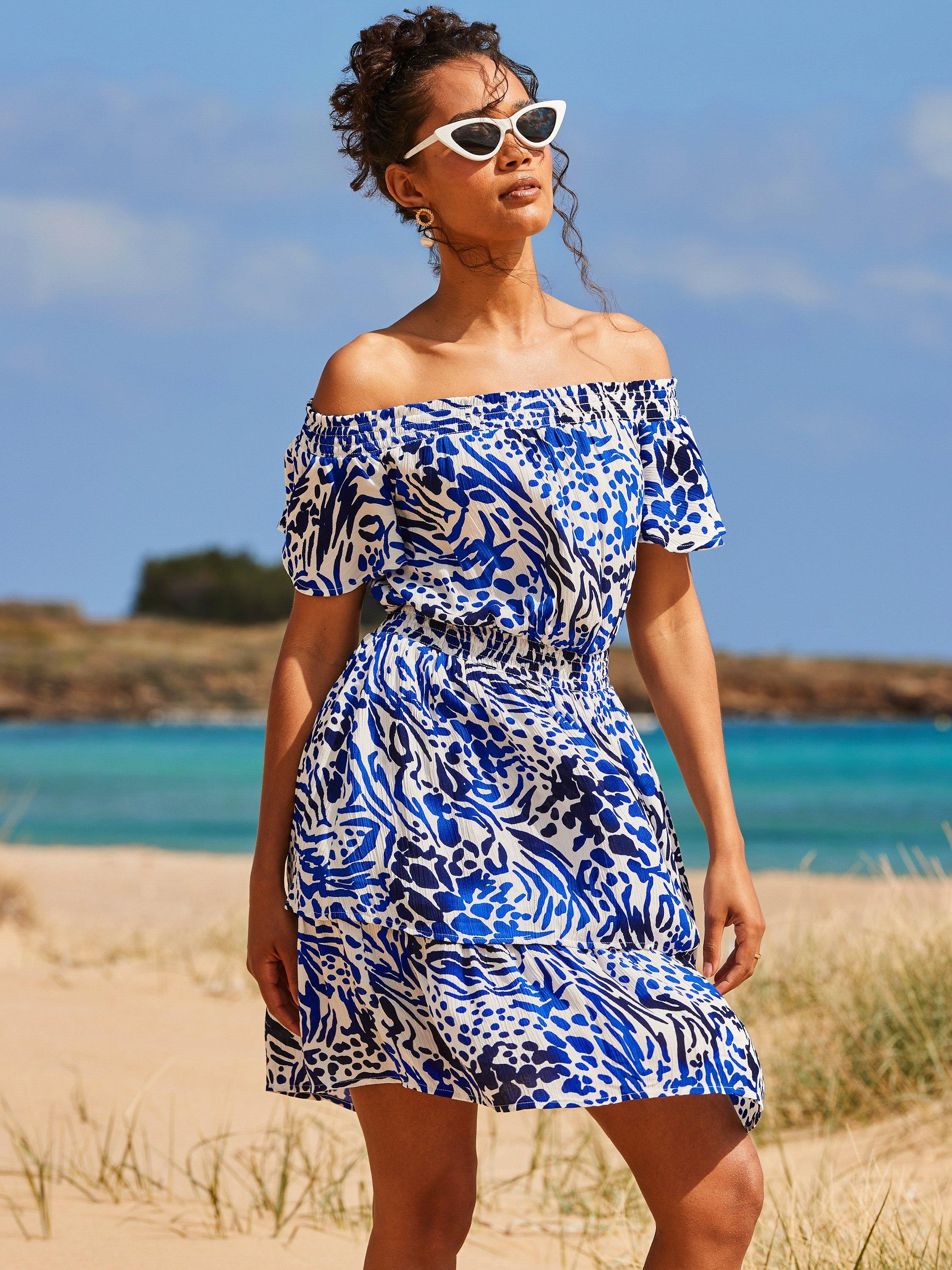 Product image 5 of 6, which shows Sosandar Animal Print Bardot Neck Tiered Crinkle Frill Dress, Blue, 6