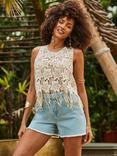 Sosandar Floral Crochet Top, Natural