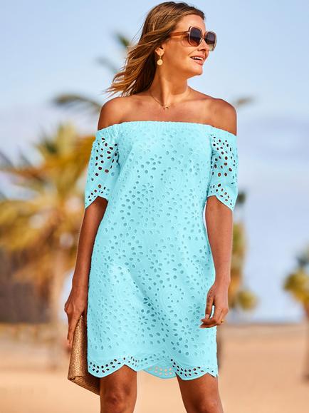 Sosandar Bardot Neckline Scallop Broderie Cotton Dress - view 2, Aqua Blue