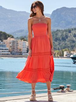 Sosandar Crinkle Lace Detail Tiered Cotton Bandeau Dress, Coral